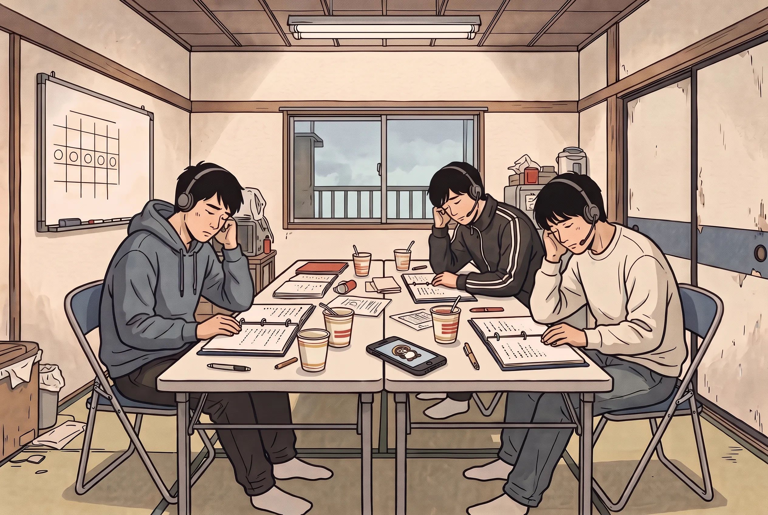 挿絵:借りたマンションの一室の長机で、ヘッドセットの若者が三人、台本のファイルを前にうなだれている。真ん中のスマートフォンの画面に狸の置物のアイコン、壁にホワイトボードのノルマ表