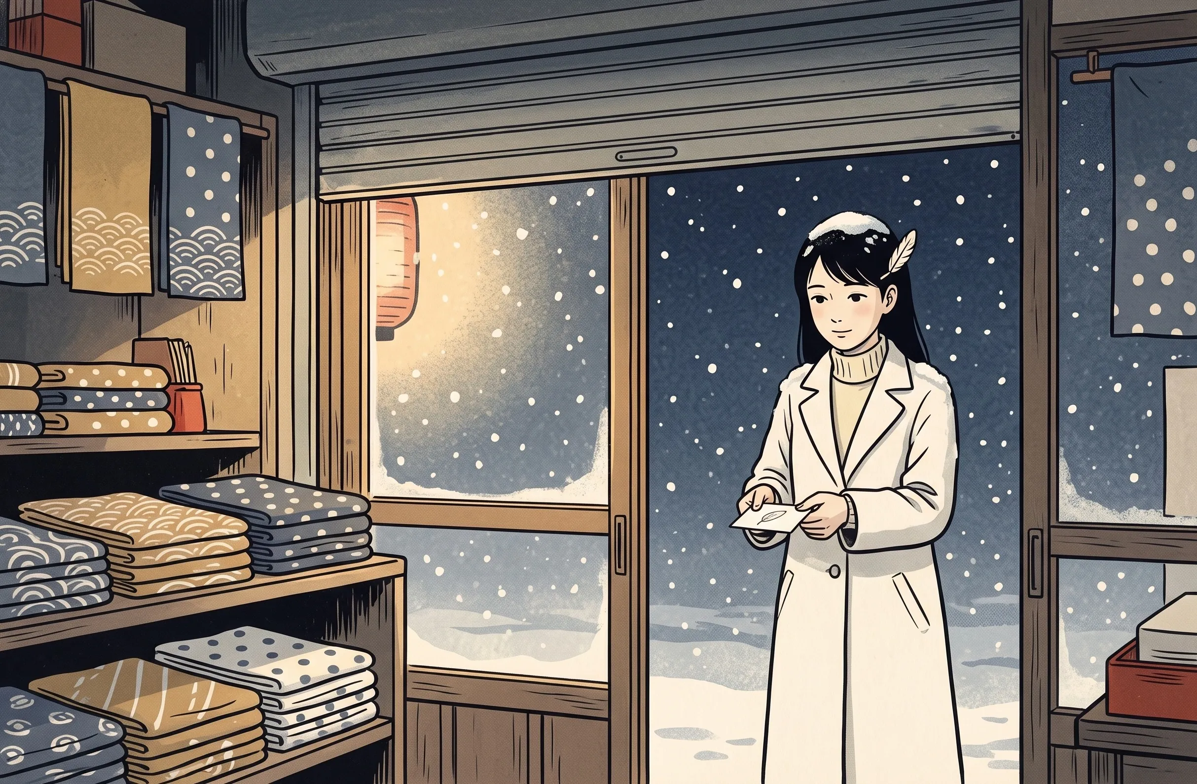 挿絵:初雪の夜、半分下ろしたシャッターの下のガラス戸の向こうで、白い羽根の名刺を差し出すつう