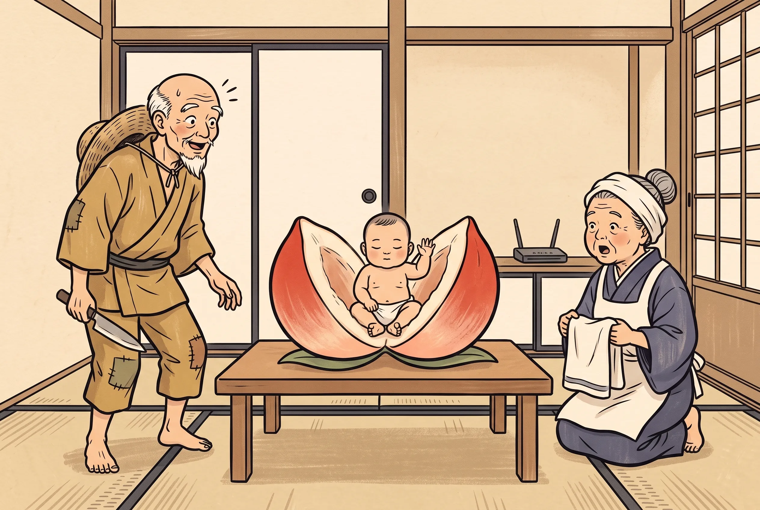 挿絵:割れた桃の中で手を挙げる赤ん坊と、驚くおじいさんとおばあさん