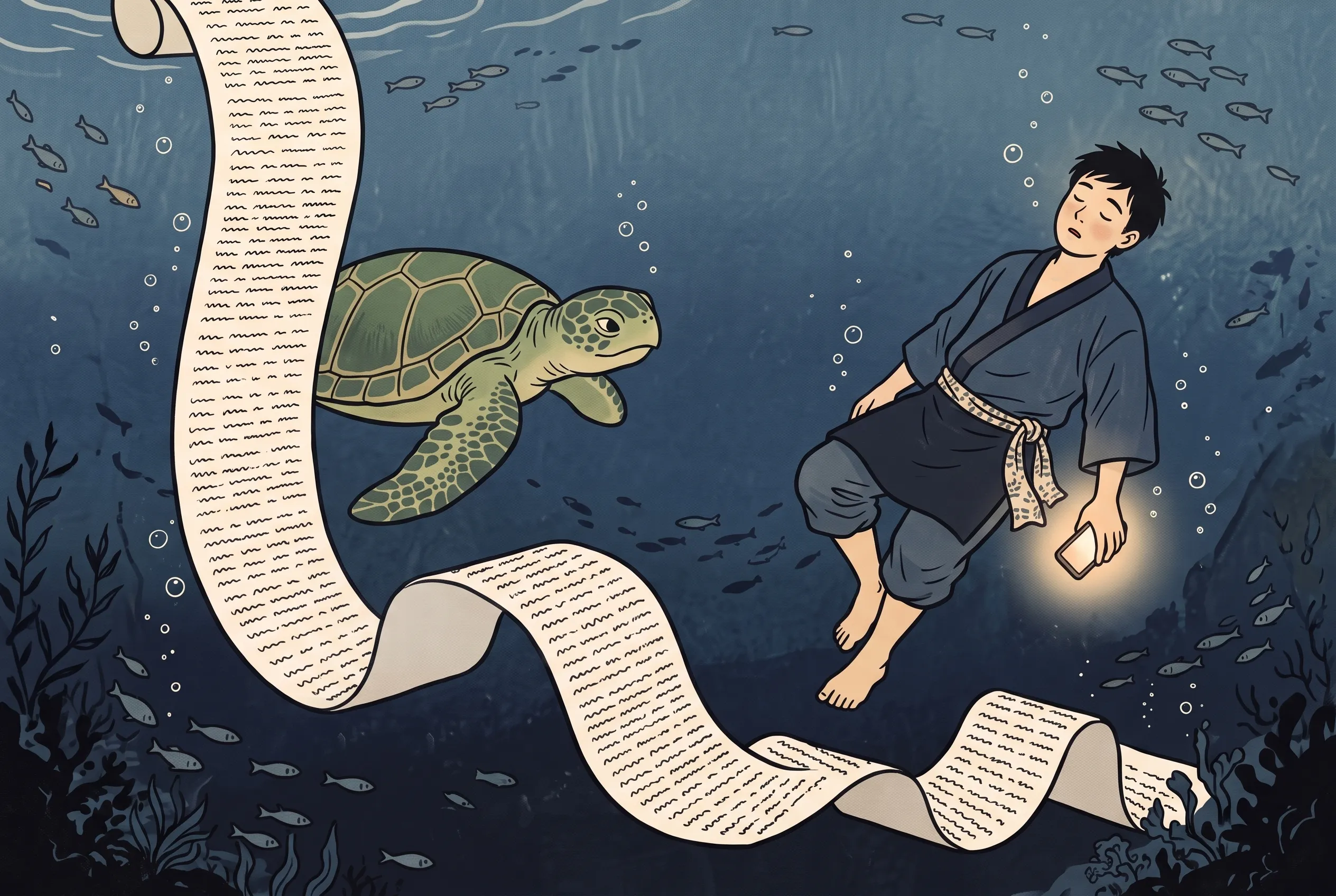 挿絵:海の底まで続く長い利用規約と、それに沿って泳ぐ亀と、うとうとする浦島