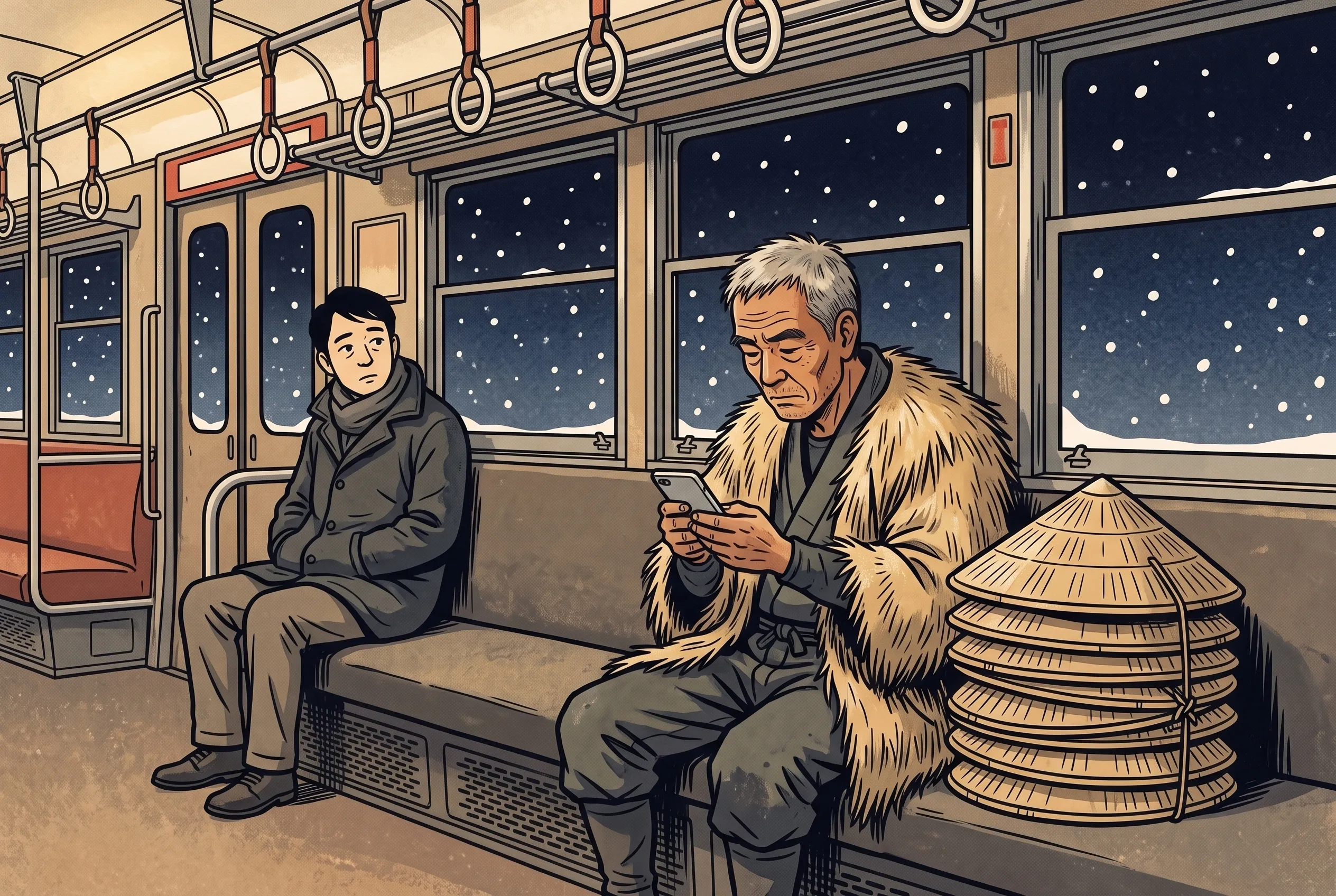 挿絵:帰りの電車で、売れ残りの笠を横に置き、スマホで配信を見るおじいさん