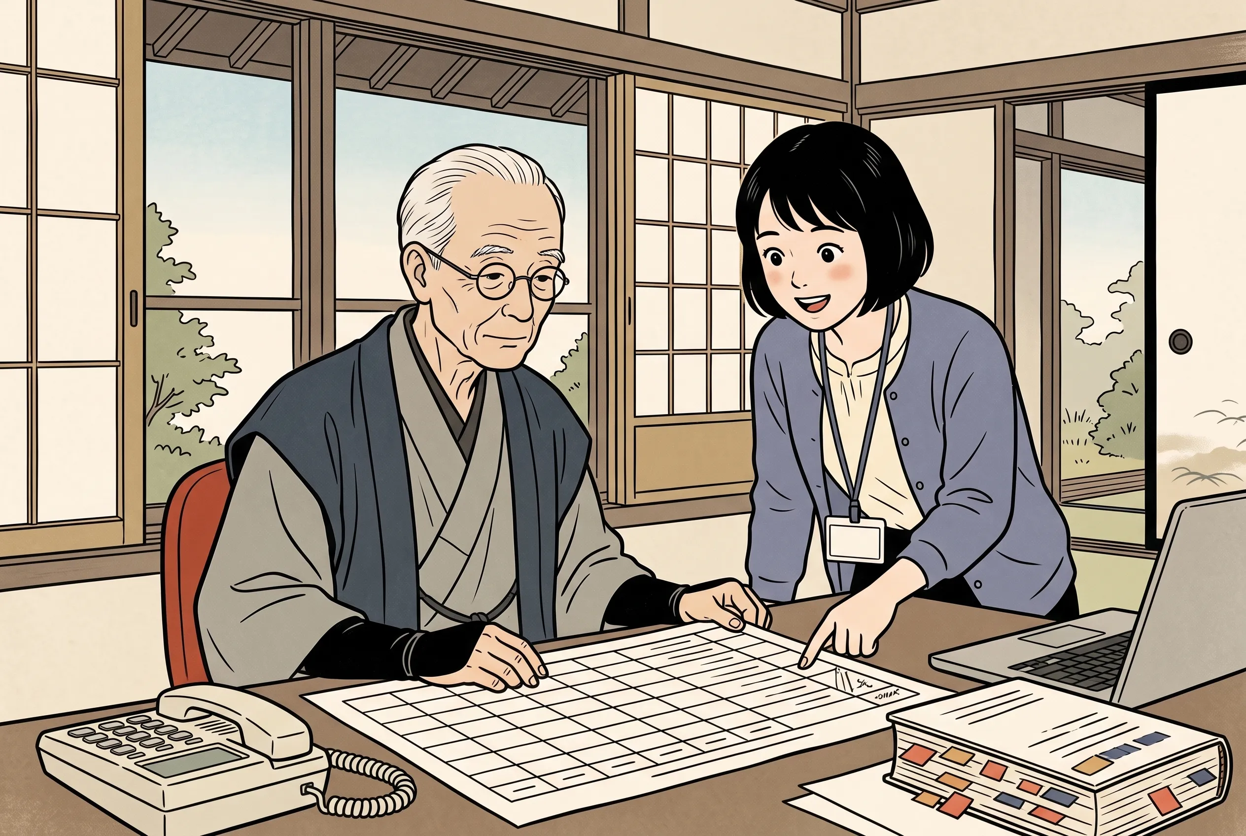 挿絵:窓ぎわの席で、研修の宿の比較表をのぞきこむおじいさんと、表の右端を指さす鈴目さん