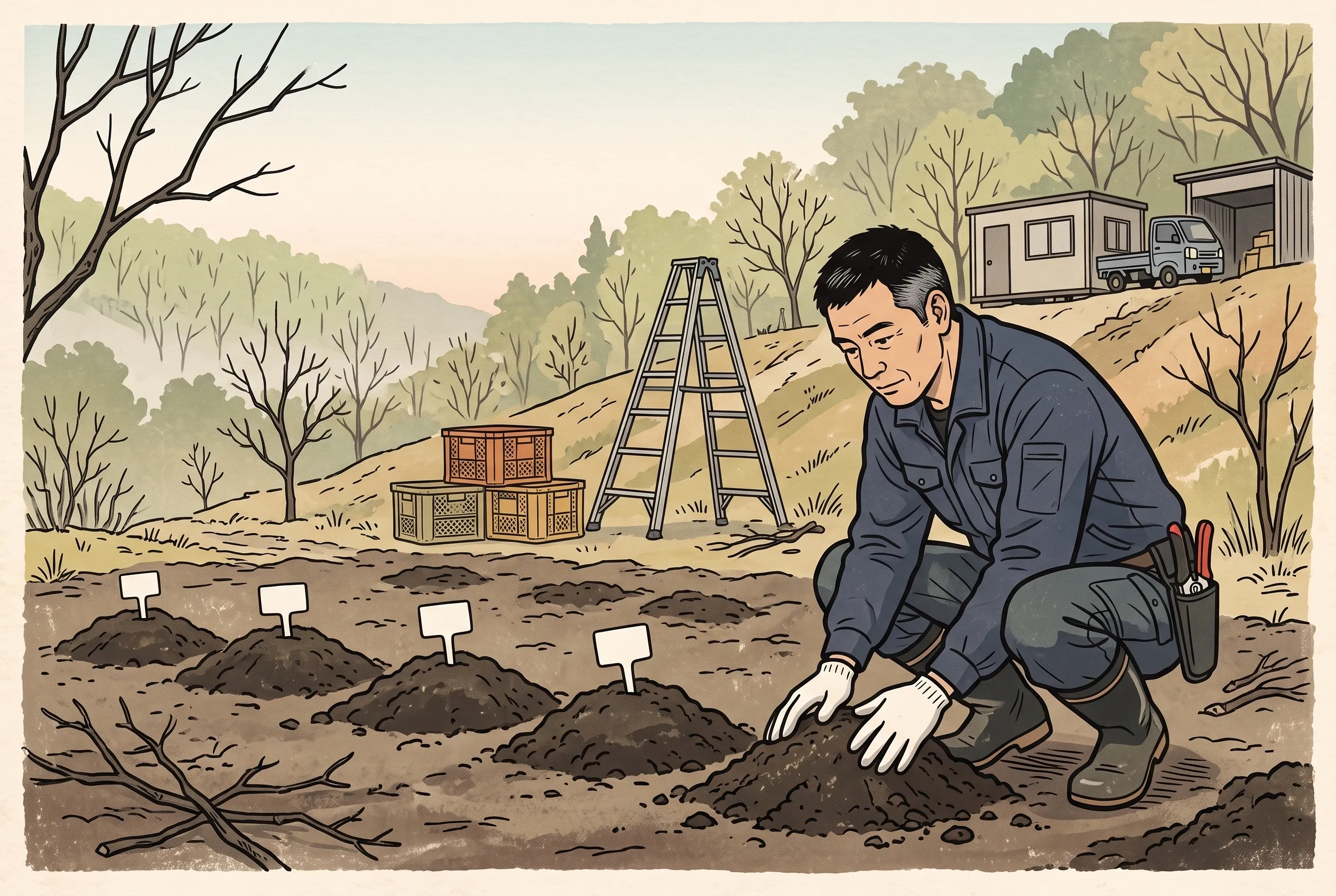 挿絵:庭の隅の小さな五つの土の盛り上がりと、四本の白い樹脂の名札。そばにしゃがむ蟹江さんの腰に剪定ばさみ