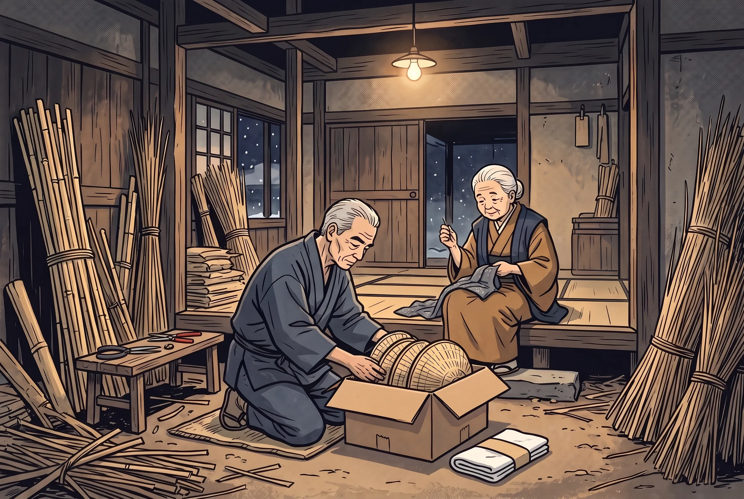 挿絵:土間で、五つの笠を段ボール箱に詰めるおじいさんと、縁を縫う手を止めたおばあさん