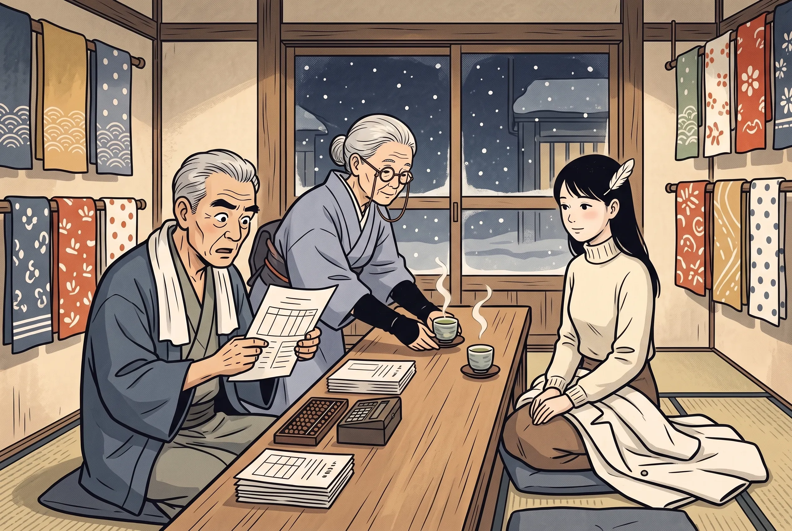 挿絵:帳場で提案書を読んで目を丸くするおじいさんと、お茶を出すおばあさん、向かいに座るつう