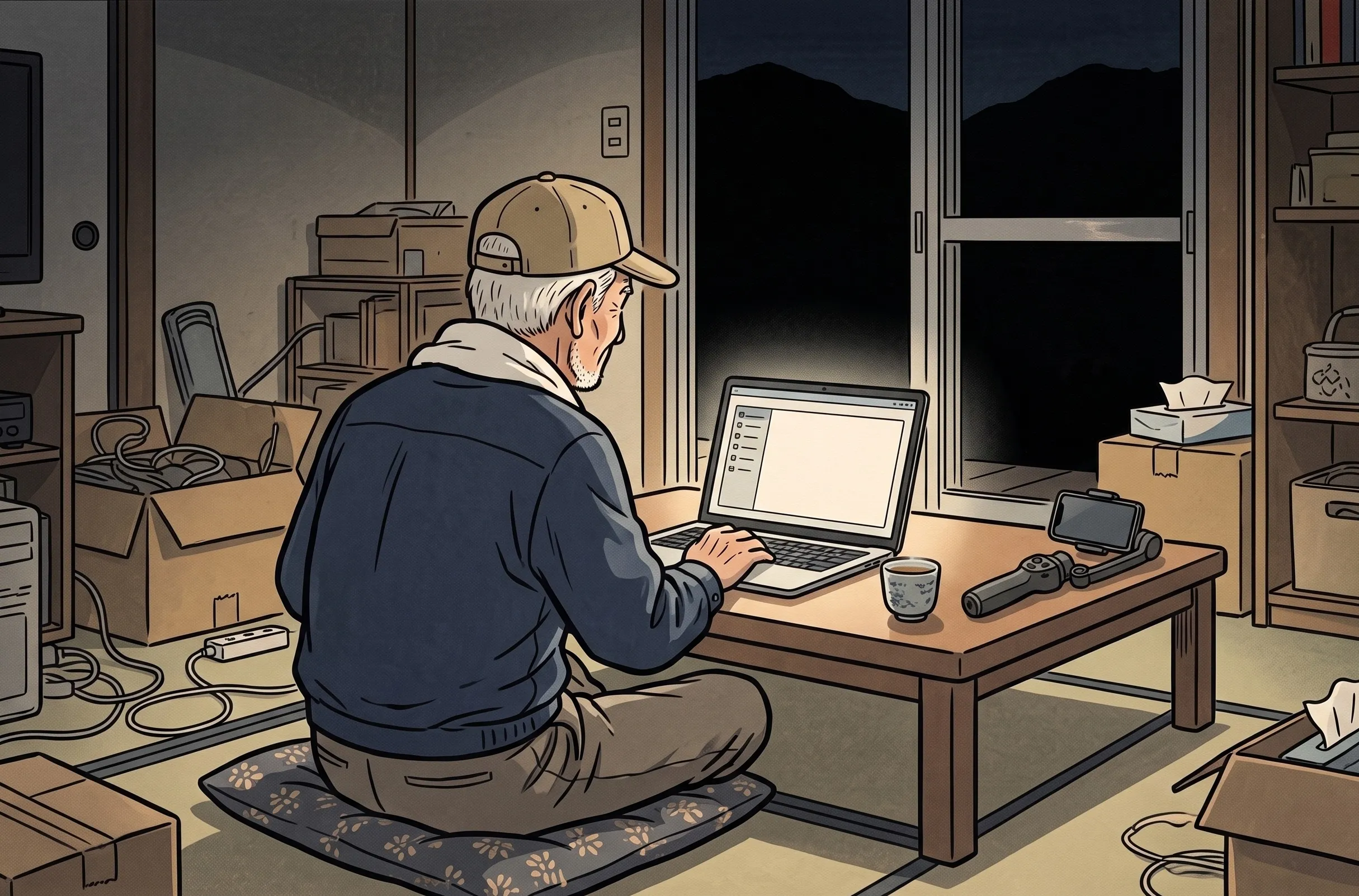 挿絵:夜の居間で、ノートパソコンのブロックの画面を見る、作業着のおじいさんの背中
