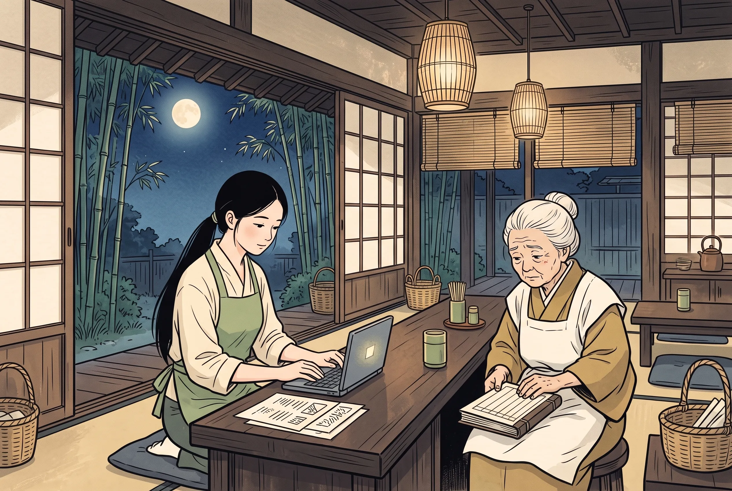 挿絵:閉店後のカウンターで、求人票と給与明細を並べるかぐや姫と、帳簿を手にする媼