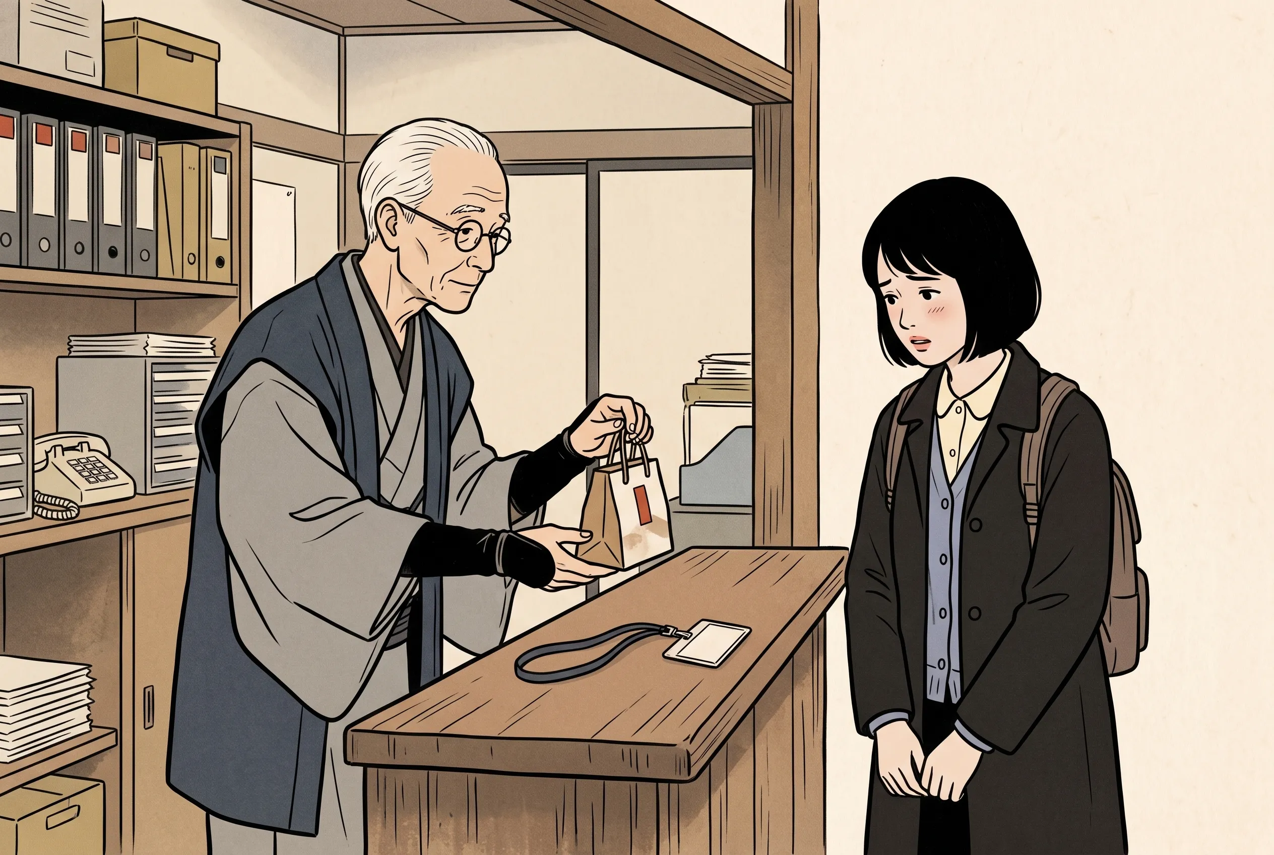 挿絵:総務課のカウンターに置かれた入館証と、和菓子屋の紙袋を差し出すおじいさん、うつむく鈴目さん