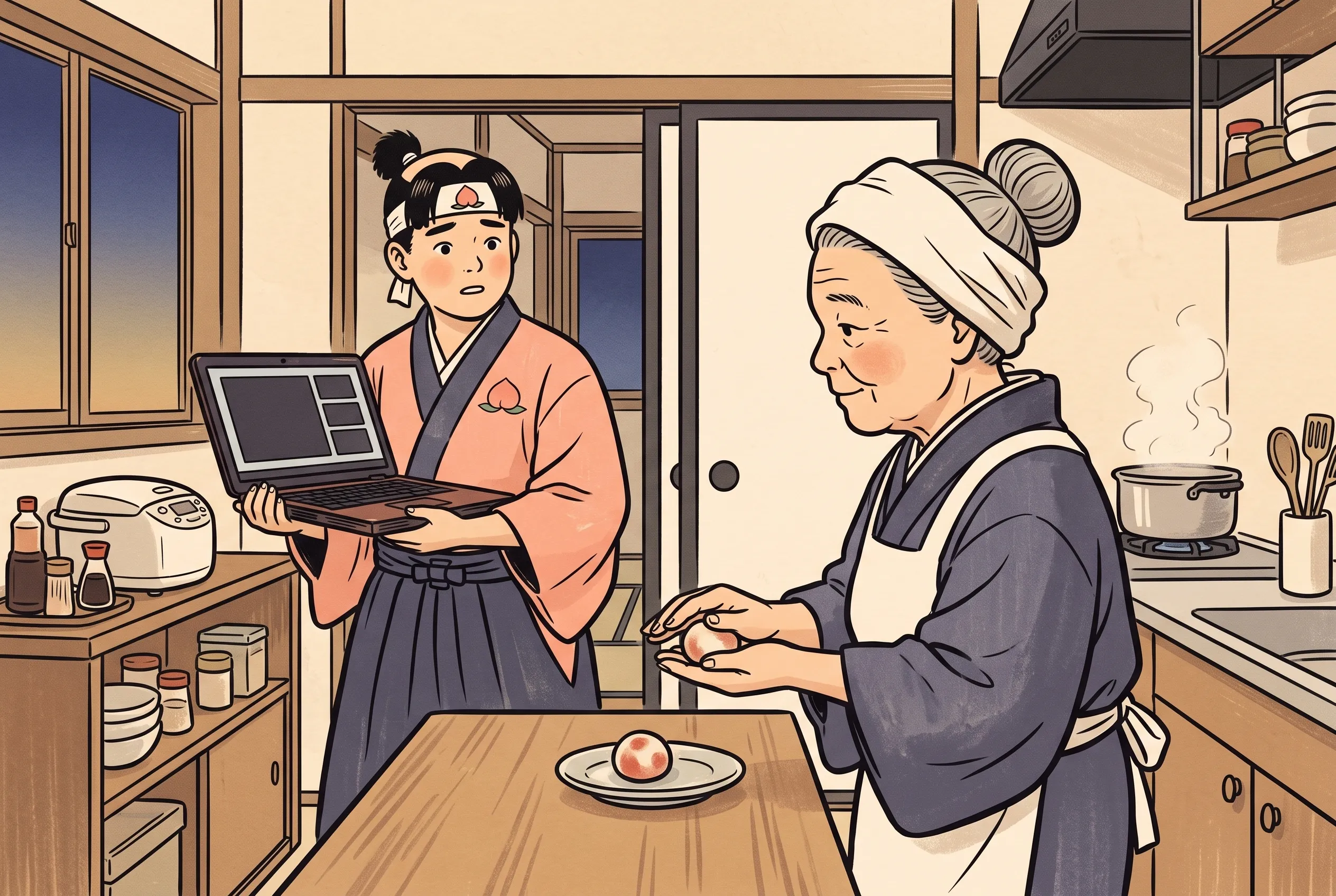 挿絵:台所で二つ目のきびだんごを丸めるおばあさんと、ノートパソコンを抱えた桃太郎
