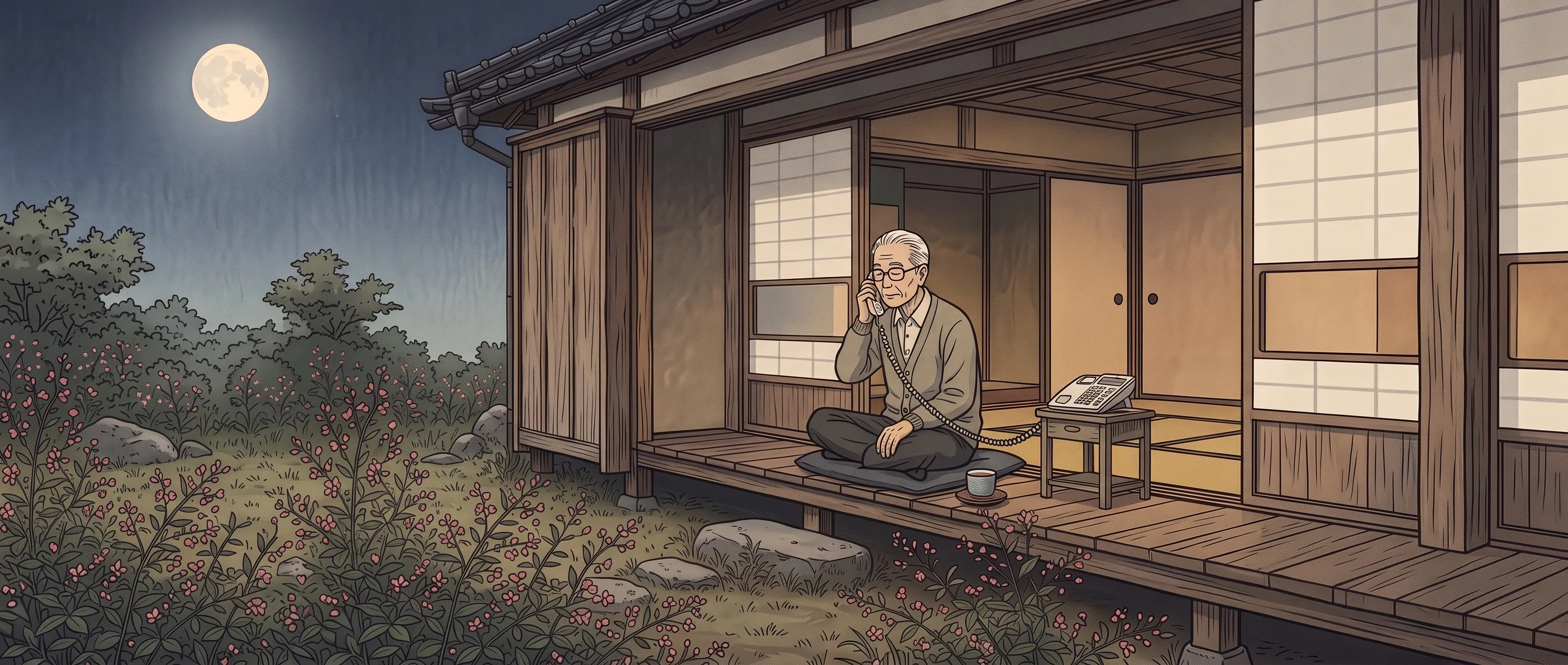 挿絵:月夜の古い家の庭に萩が茂り、庭に面した廊下で、カーディガンの白髪の人が固定電話の受話器を耳に当てている。受話器のコードは、電話台の電話機につながっている
