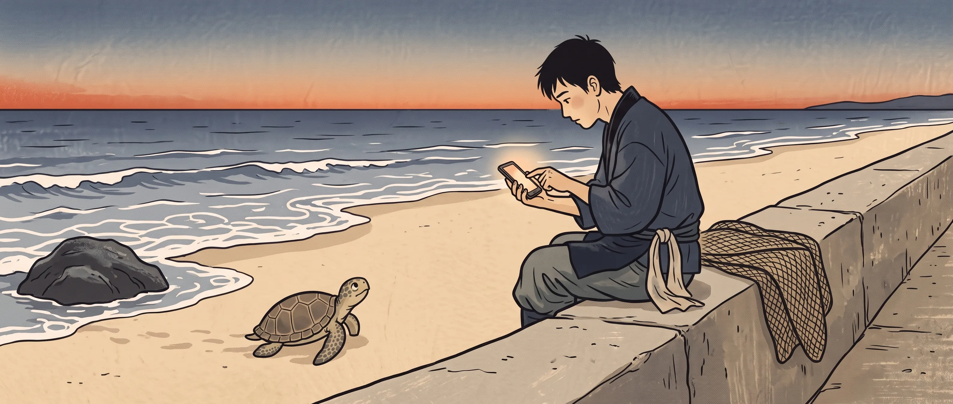 挿絵:夕暮れの浜辺の堤防に腰かけ、スマホの小さな画面に光る亀の投稿に、いいねを押す浦島