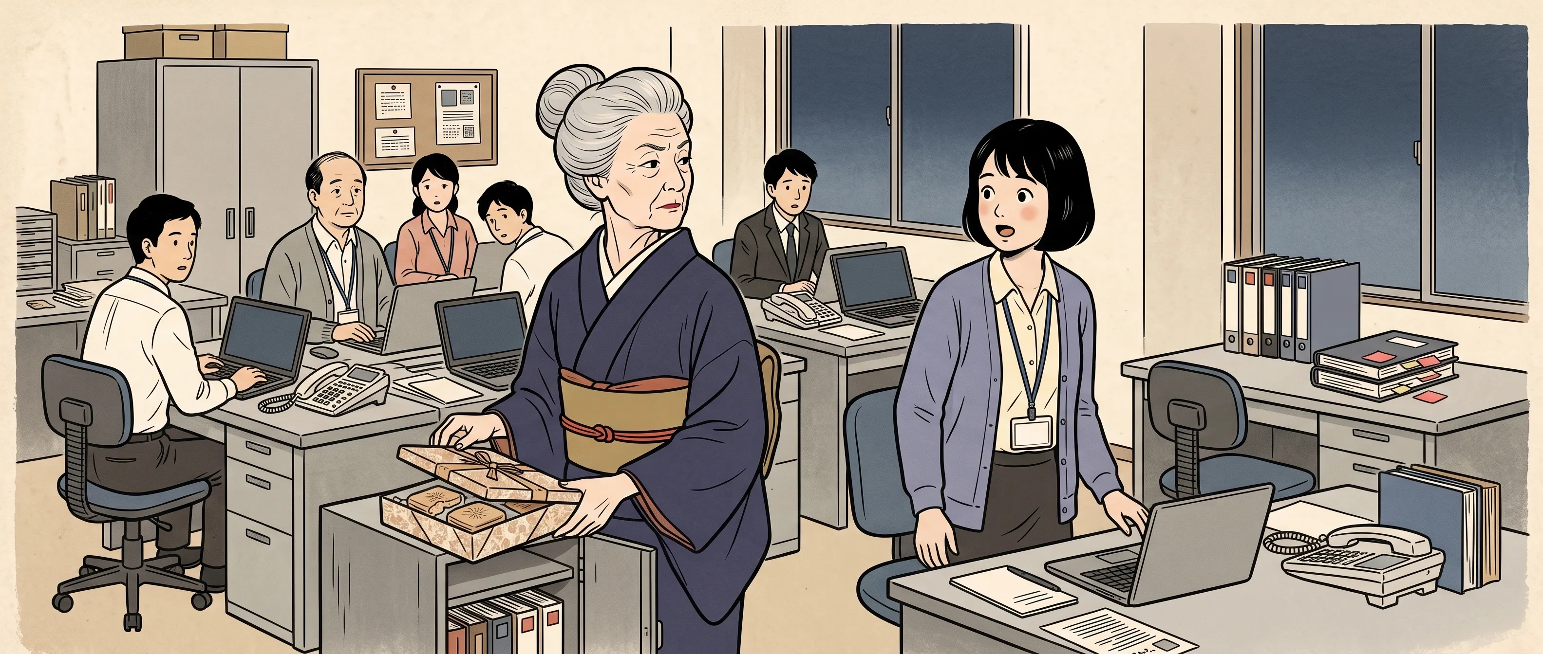 挿絵:夕方の総務課で、戸棚の最中の箱のふたを持ち上げたおばあさんと、自分の席で立ち上がった鈴目さん、手を止めて顔を上げた総務課の人たち。窓ぎわのおじいさんの席だけが空いている