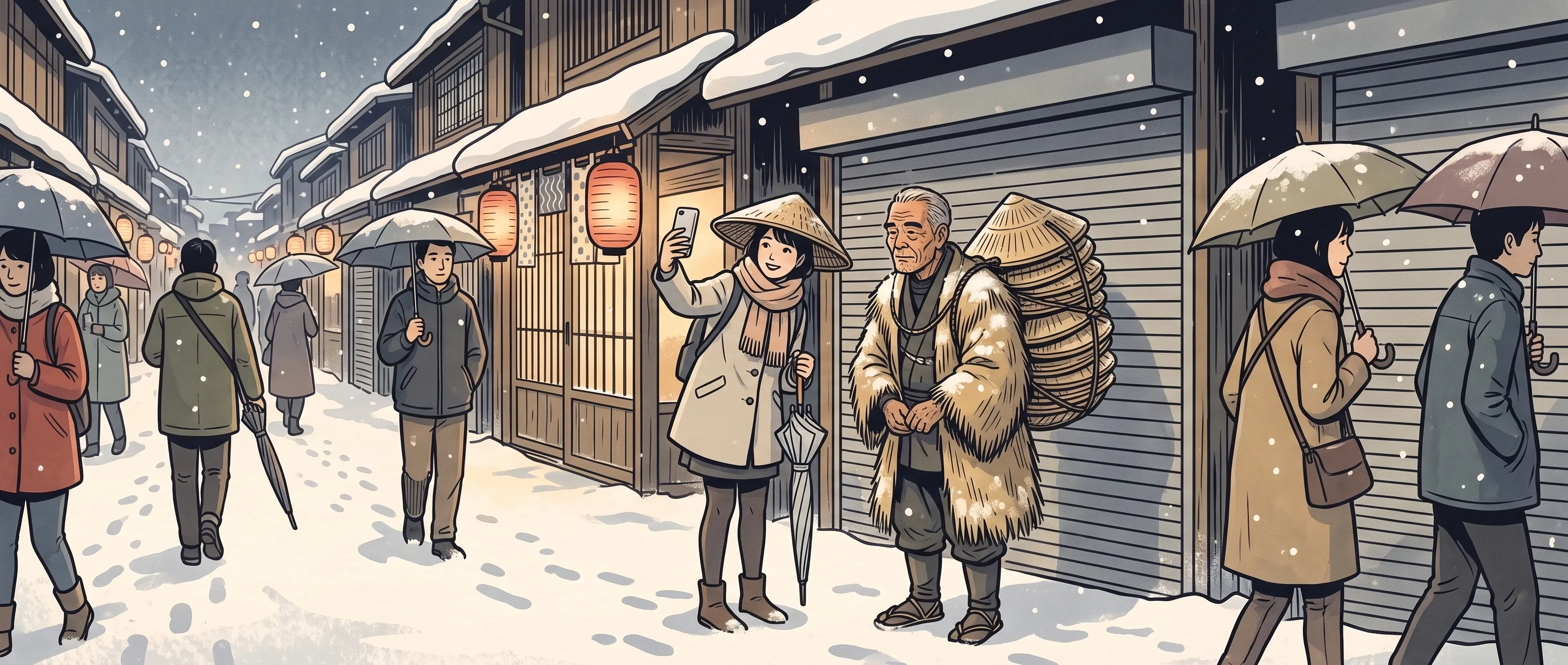 挿絵:雪の年の瀬の商店街で、笠を背負ったまま閉まった店の前に立つおじいさんと、折りたたみ傘の人の流れ。笠をかぶって写真を撮っていく人が一人
