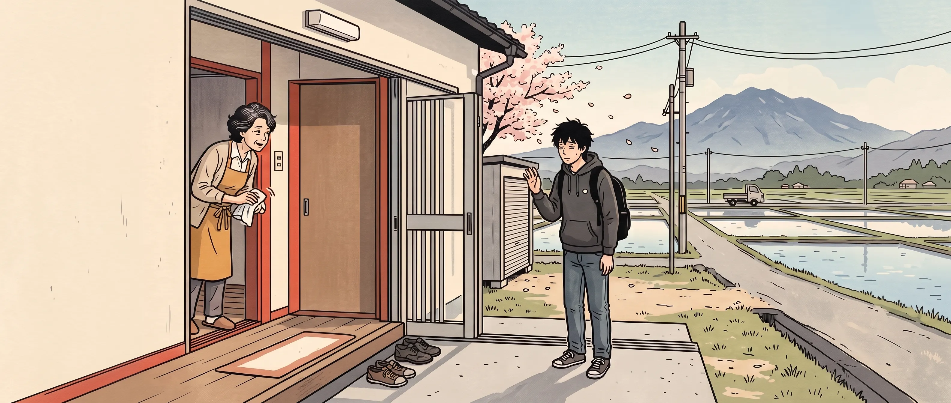 挿絵:春の昼、田んぼの見える実家の玄関で、会社のロゴ入りのパーカーにリュックを背負って「ただいま」と言う寝太郎と、台所から顔を出したエプロンの母