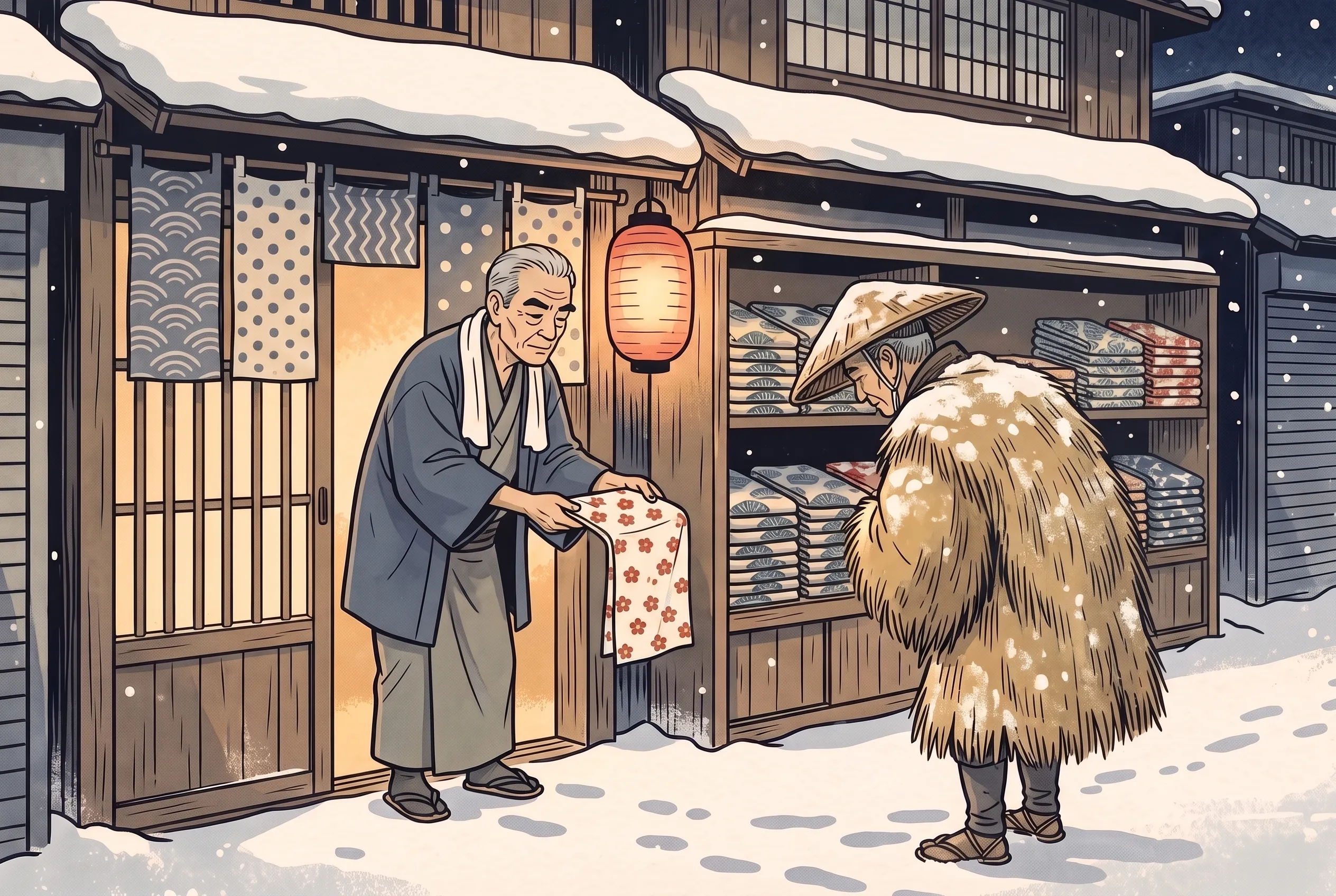 挿絵:雪の店先で、笠を背負った笠売りの人に、梅の柄の手ぬぐいを渡すおじいさん