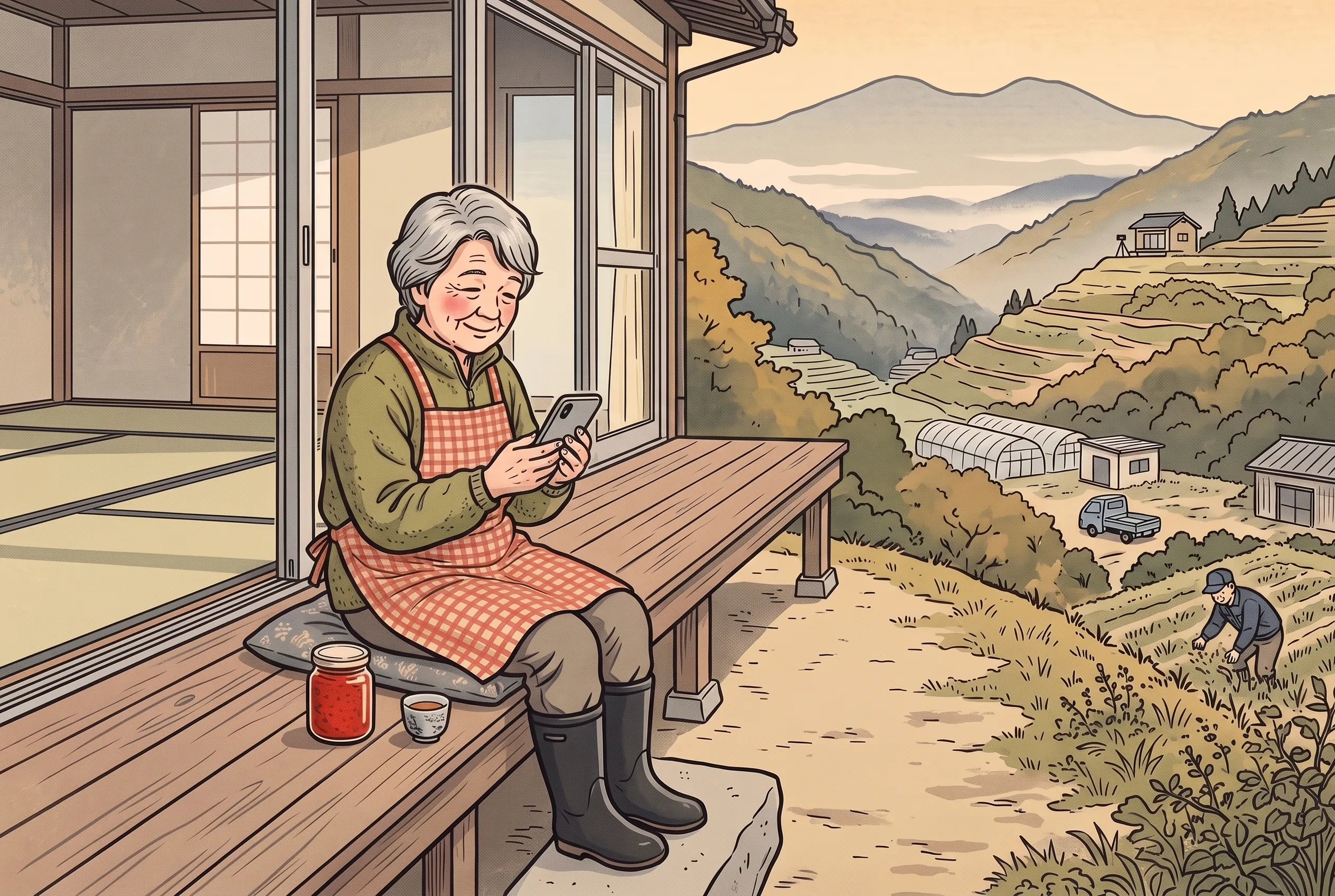 挿絵:昼の縁側で、スマートフォンの DM を読むフリースにエプロン姿のおばあさん。遠くの畑に、小さく作業着のおじいさん