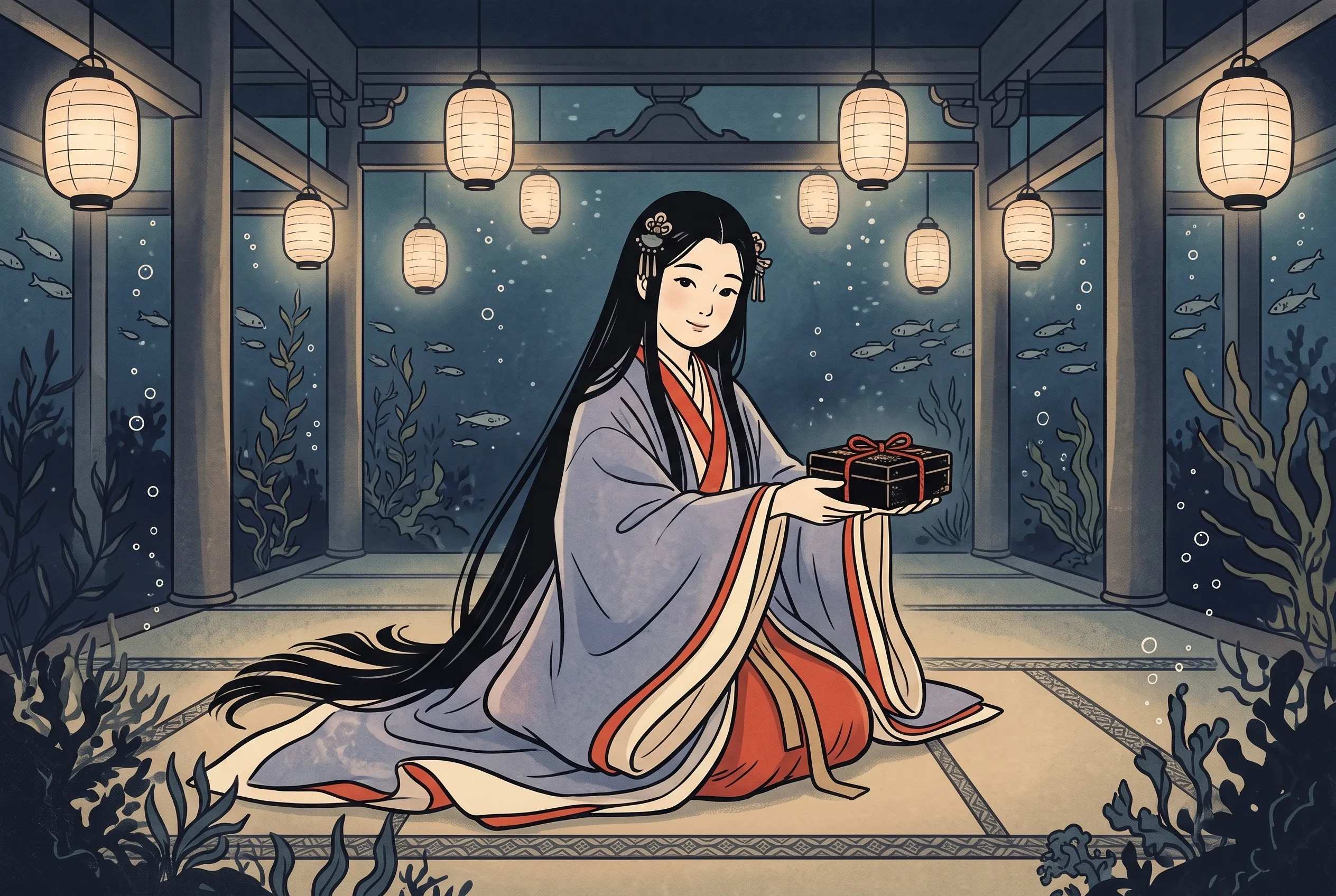 挿絵:竜宮城で、赤い紐を結んだ漆の小箱を差し出す乙姫