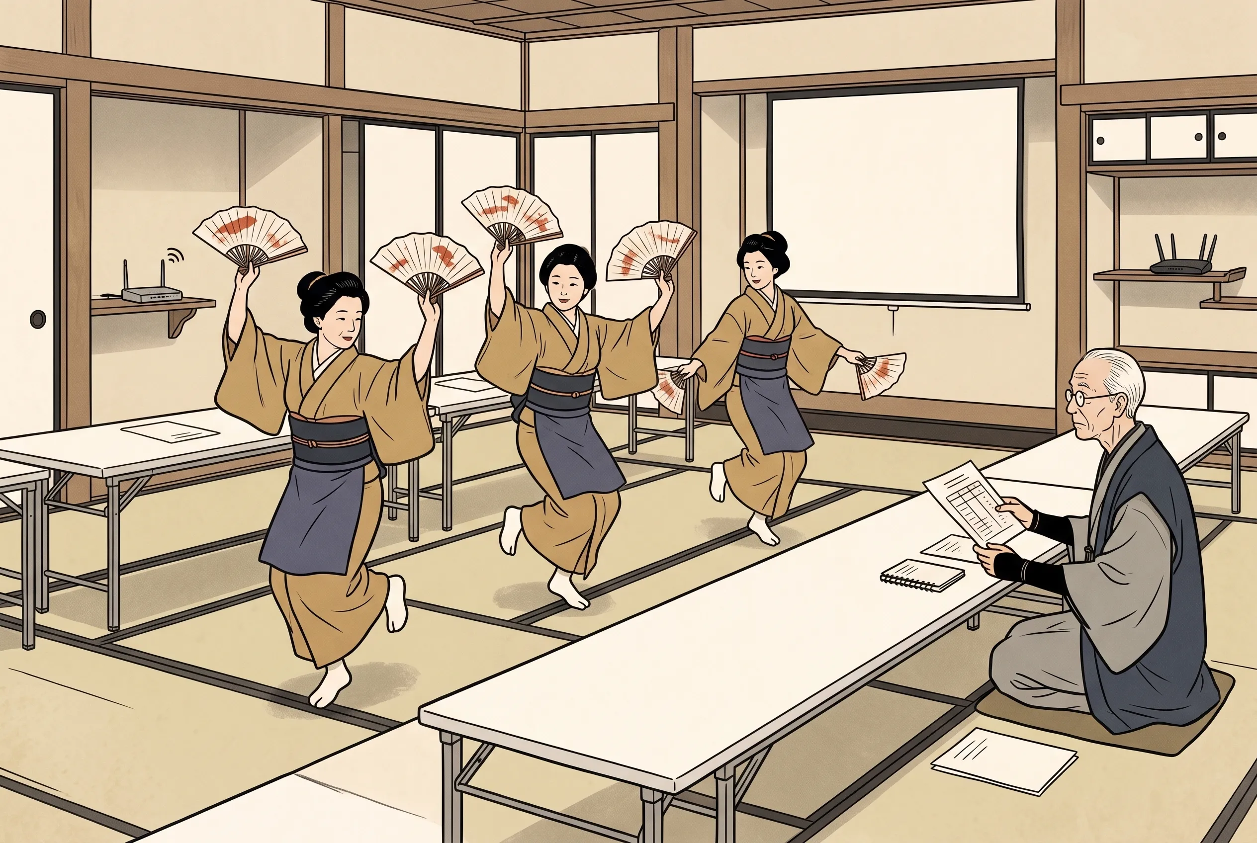 挿絵:研修室に改装した宴会場で、扇を手にすずめ踊りを見せる仲居さんたちと、比較表を手に見守るおじいさん