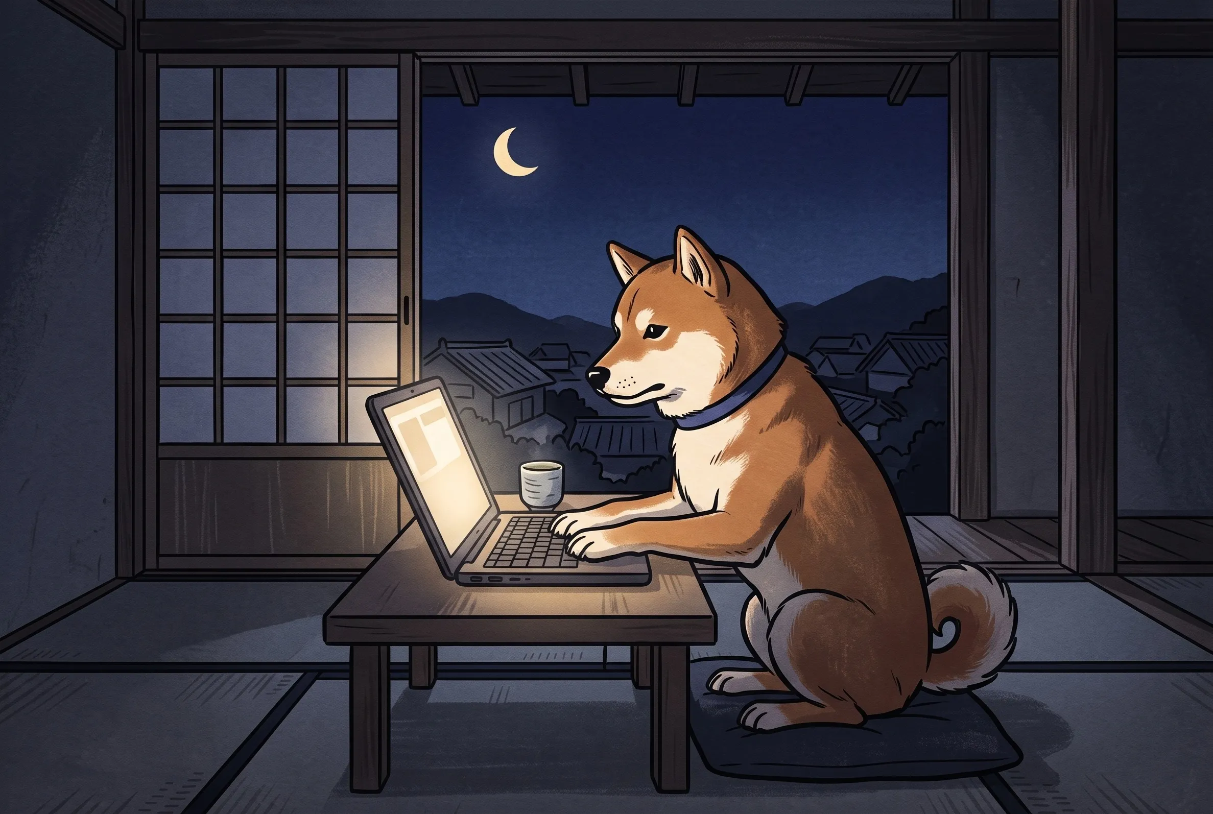 挿絵:真夜中、ノートパソコンで報告を打つ犬
