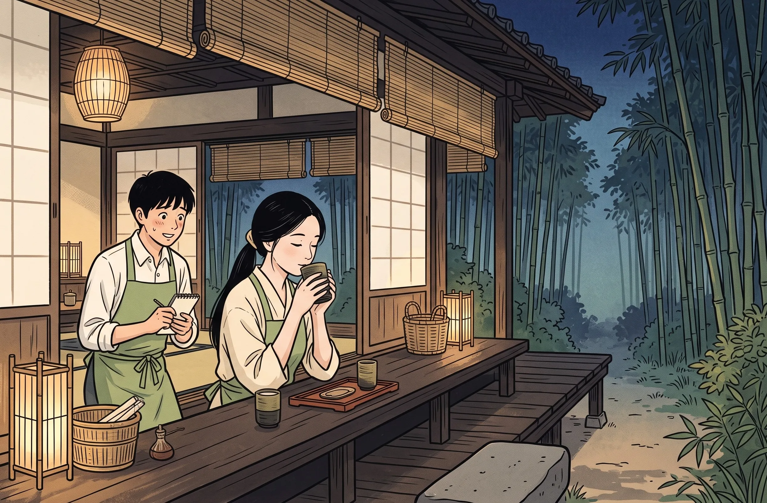 挿絵:新人がごちそうした竹炭ラテを、両手で包んで飲むかぐや姫