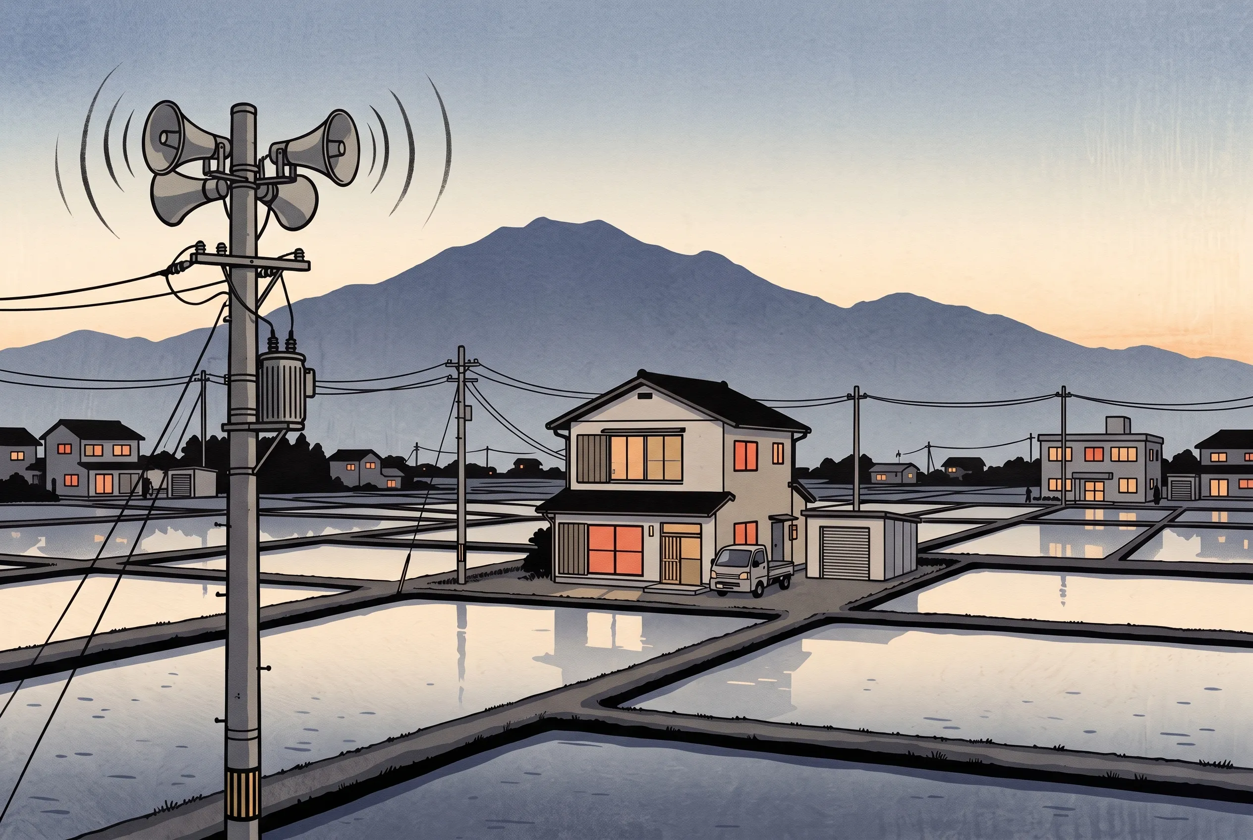 挿絵:夜明けの田んぼの地区。電柱の防災無線のスピーカーの向こうで、家並みの窓に明かりが一斉に灯る遠景