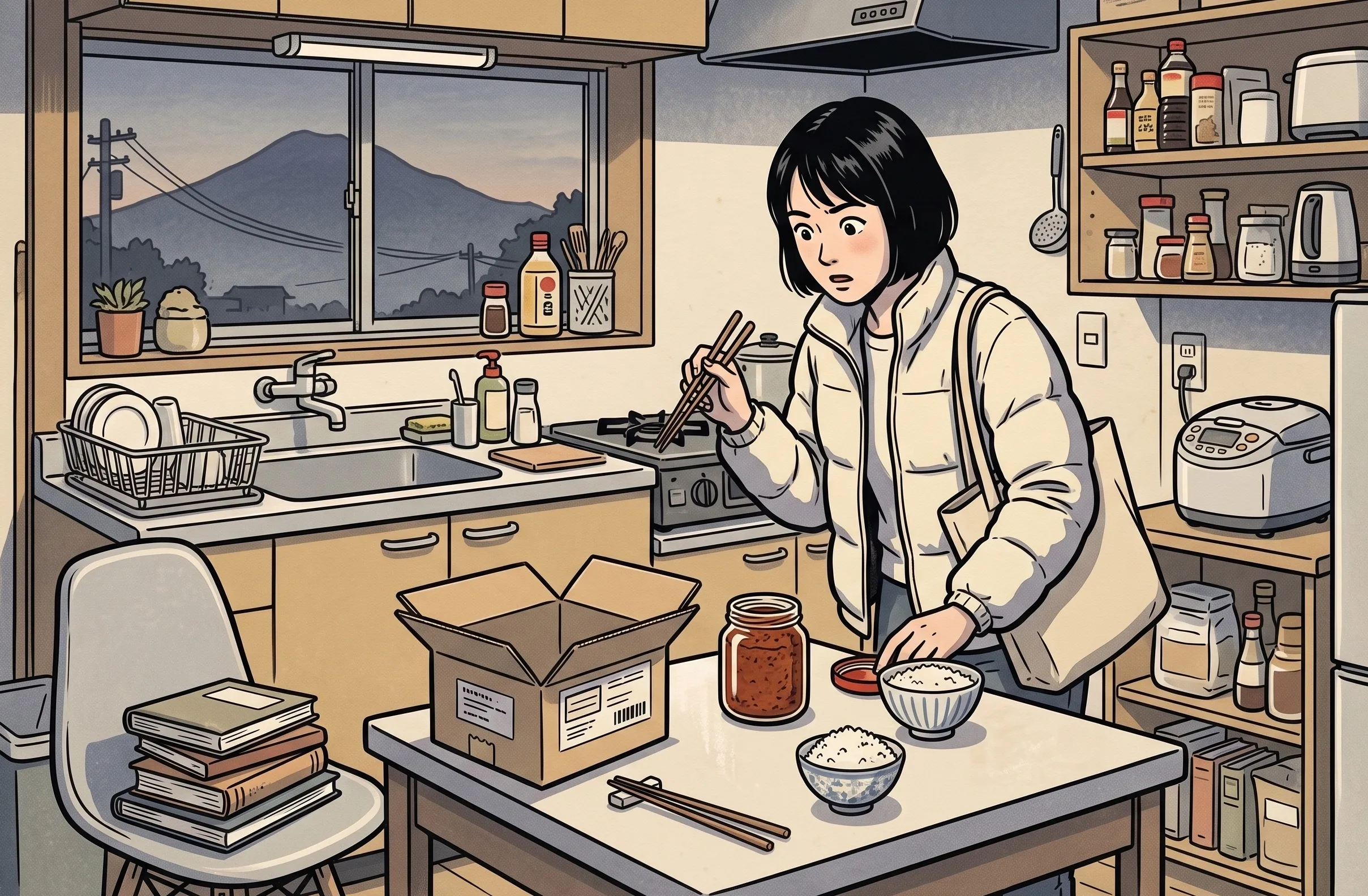 挿絵:ふもとのアパートの台所で、届いた味噌の瓶を前に、箸を止める宇佐美さん