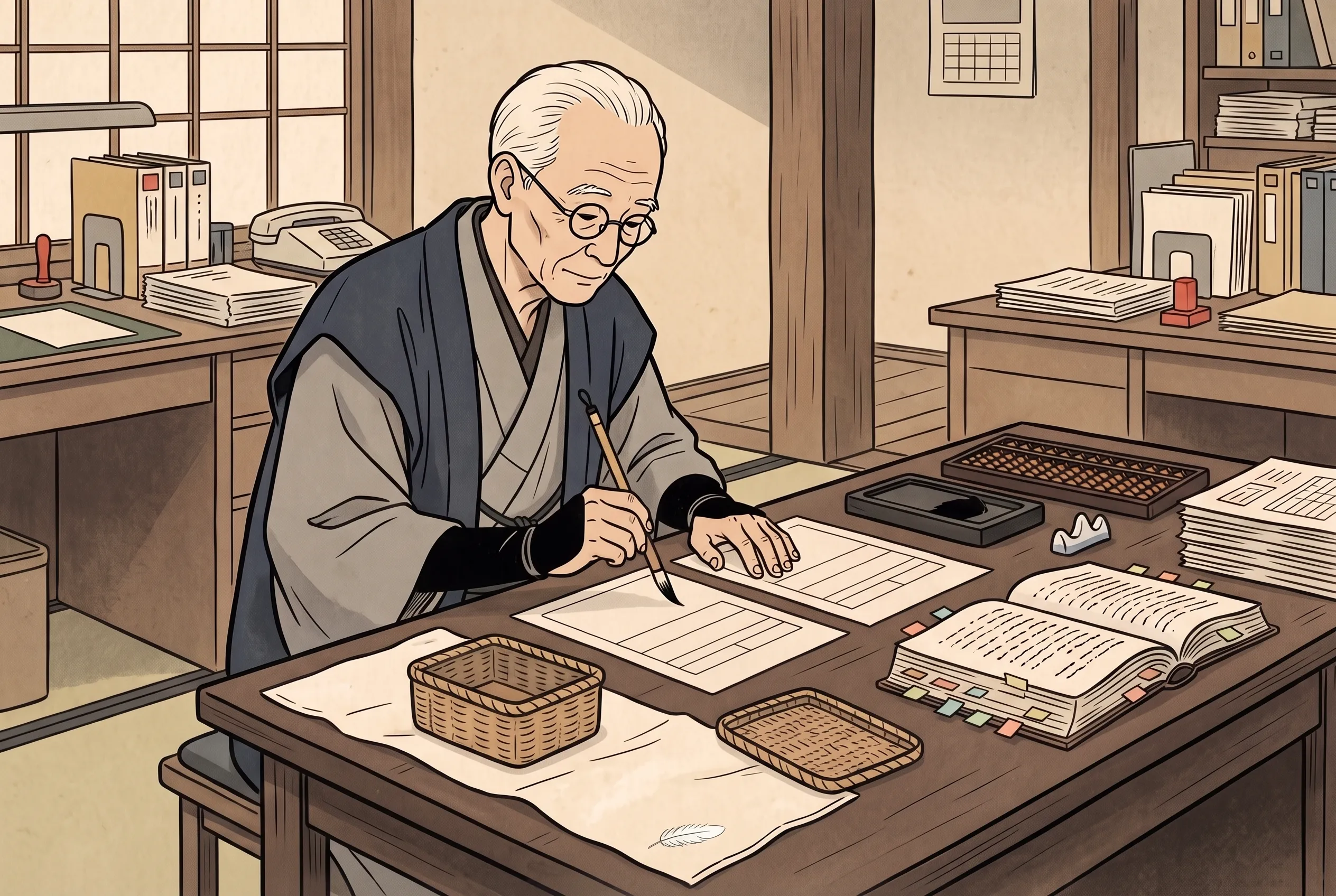 挿絵:会社の机で、隅に小さな白い羽根の入った手ぬぐいを広げ、申告書を二通書くおじいさん