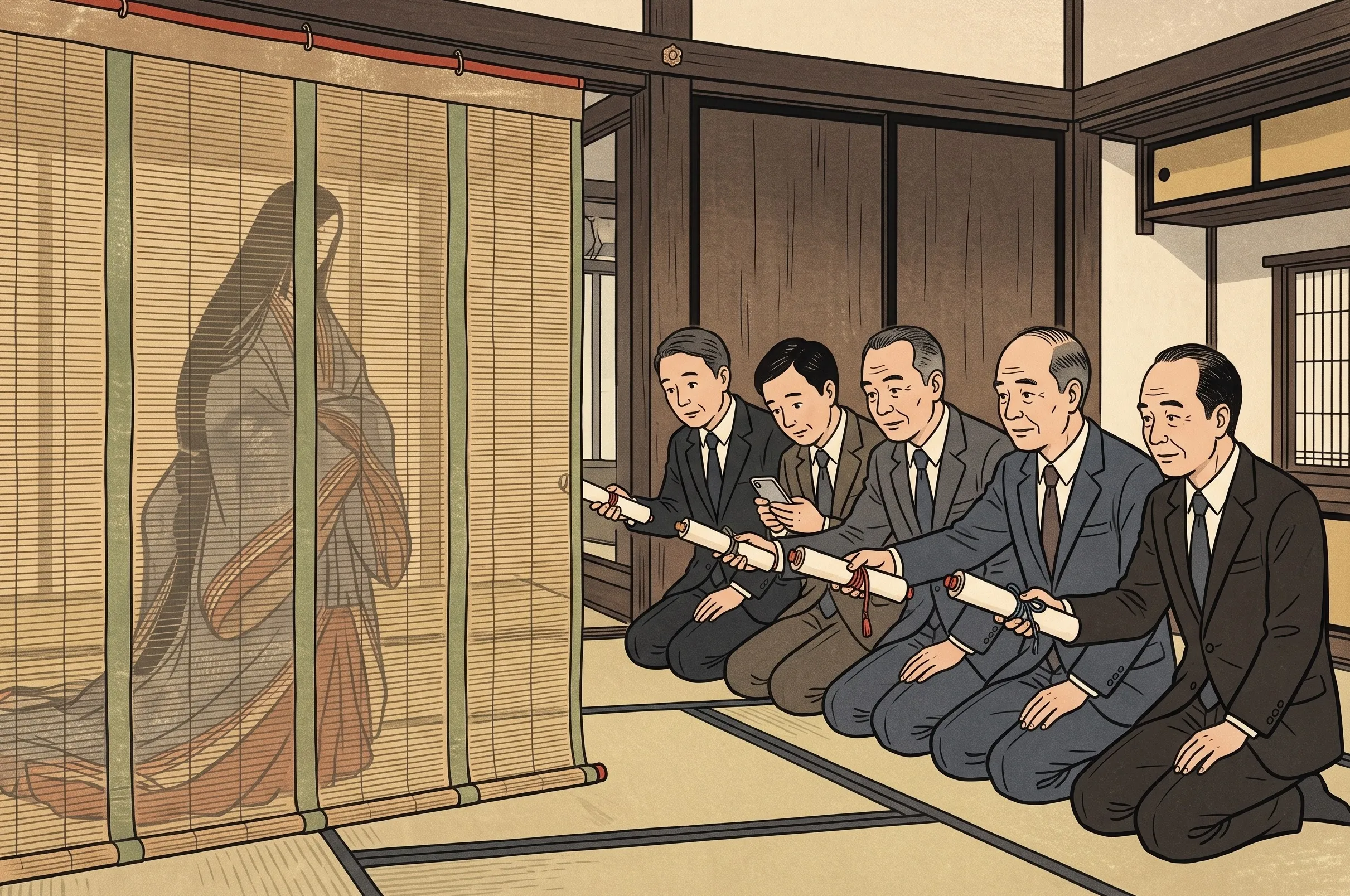 挿絵:御簾の前に並び、和歌を添えた巻物を差し出すスーツ姿の五人の社長
