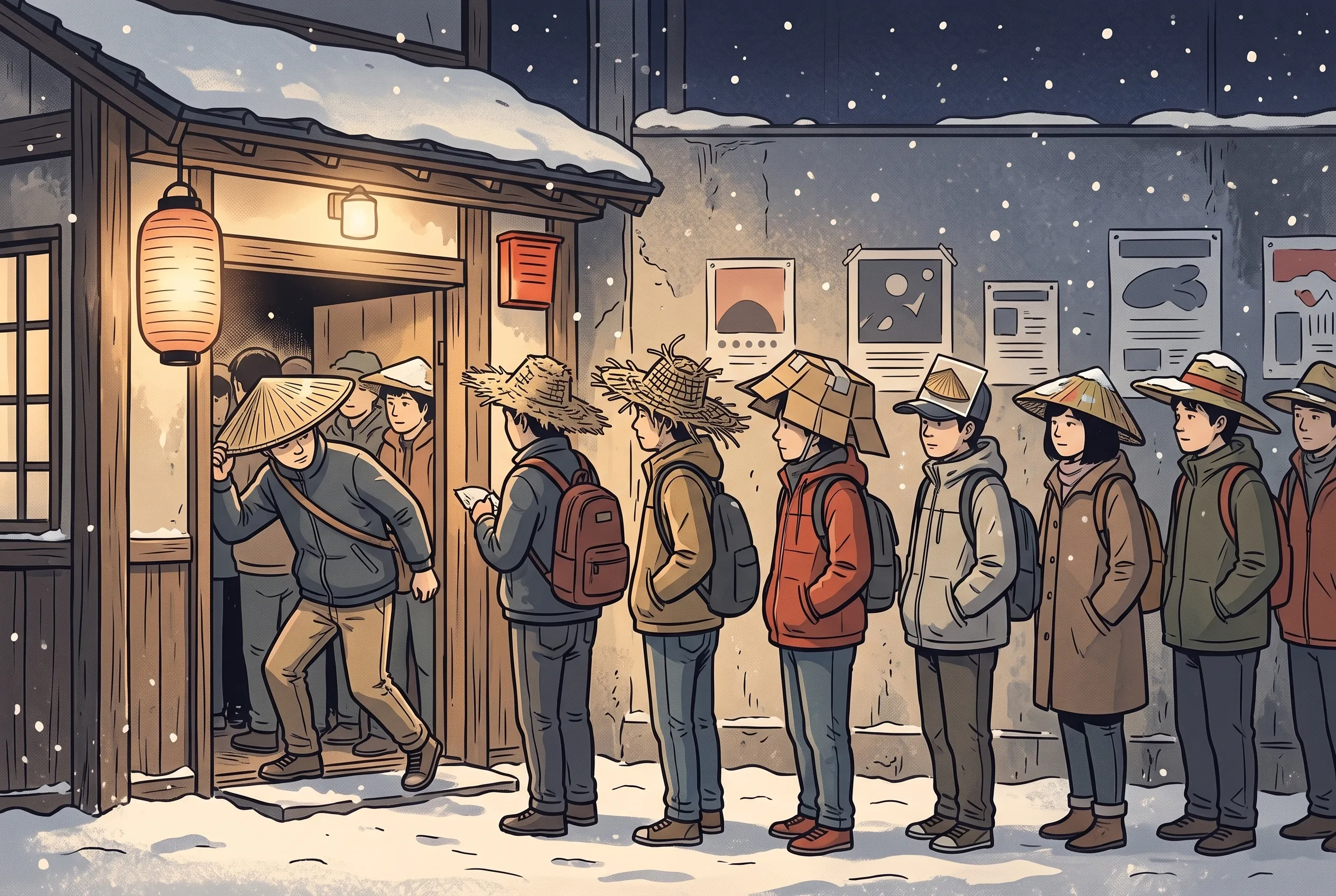 挿絵:ライブハウスの入口で、笠の縁をぶつけないように横向きに入っていく、思い思いの笠のファンたち