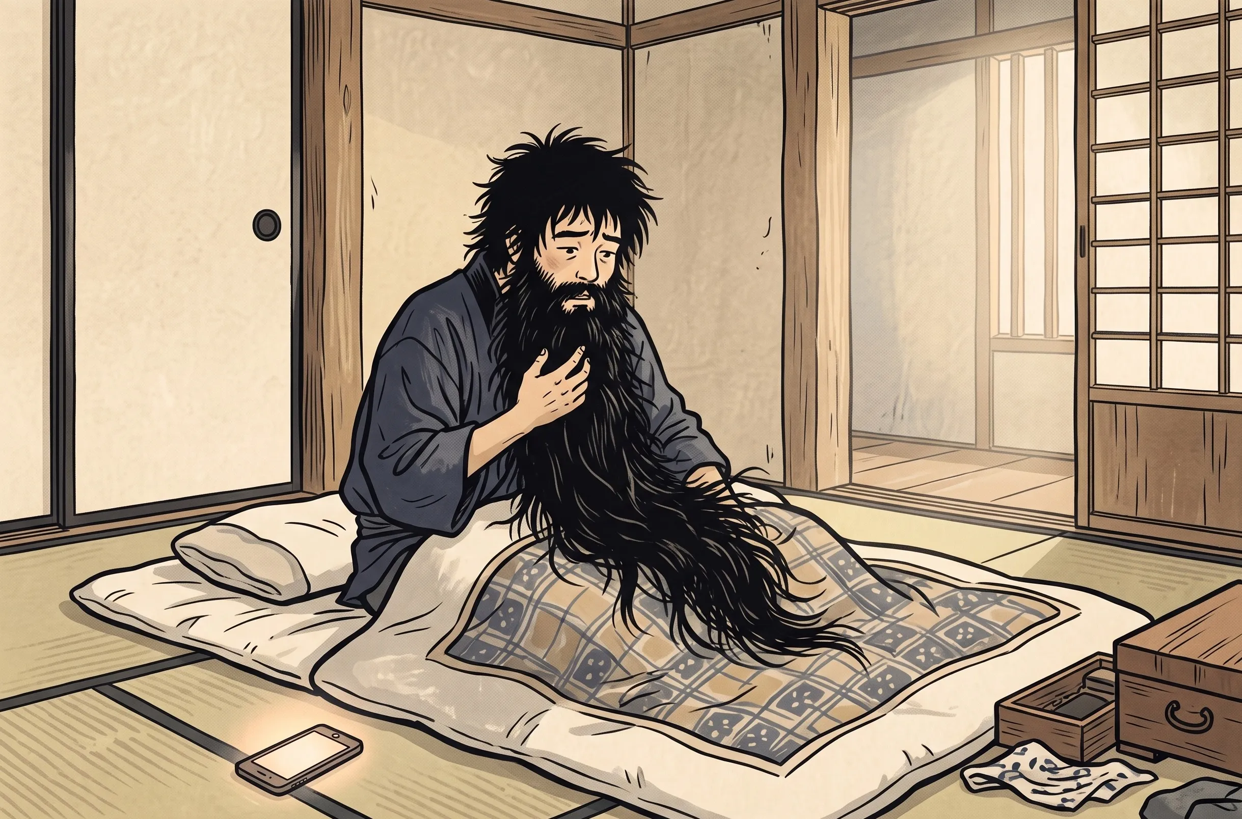 挿絵:自分の家の布団の上で目を覚ます、三年分のひげがのびた浦島