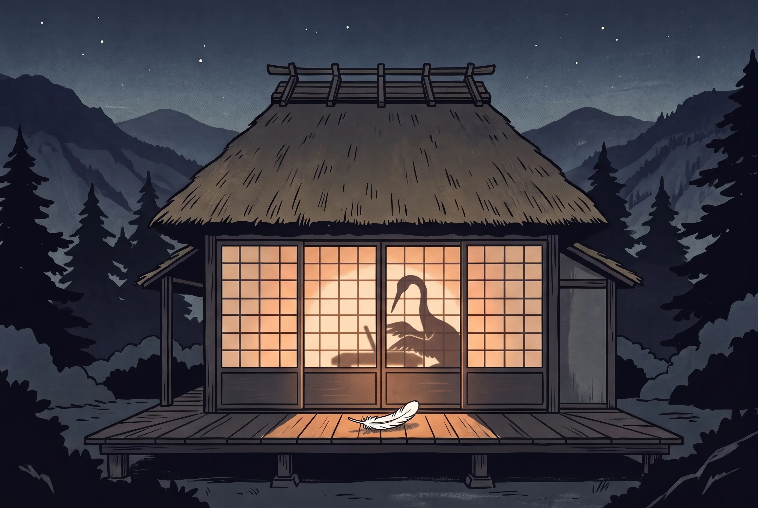 挿絵:山あいの一軒家の障子に映る、ノートパソコンに向かう鶴の影と、縁側の白い羽根