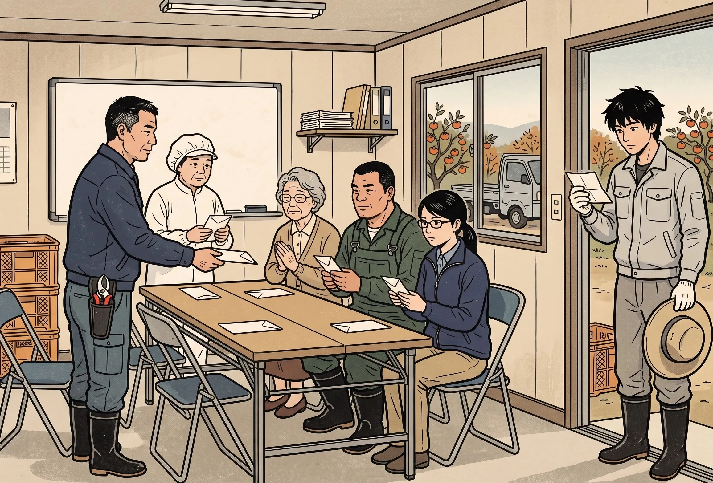 挿絵:プレハブの事務所の会議机で、封筒を受け取る四人と蟹江さん。少し離れた入口の近くで、給与明細を手にした作業着の猿渡さん