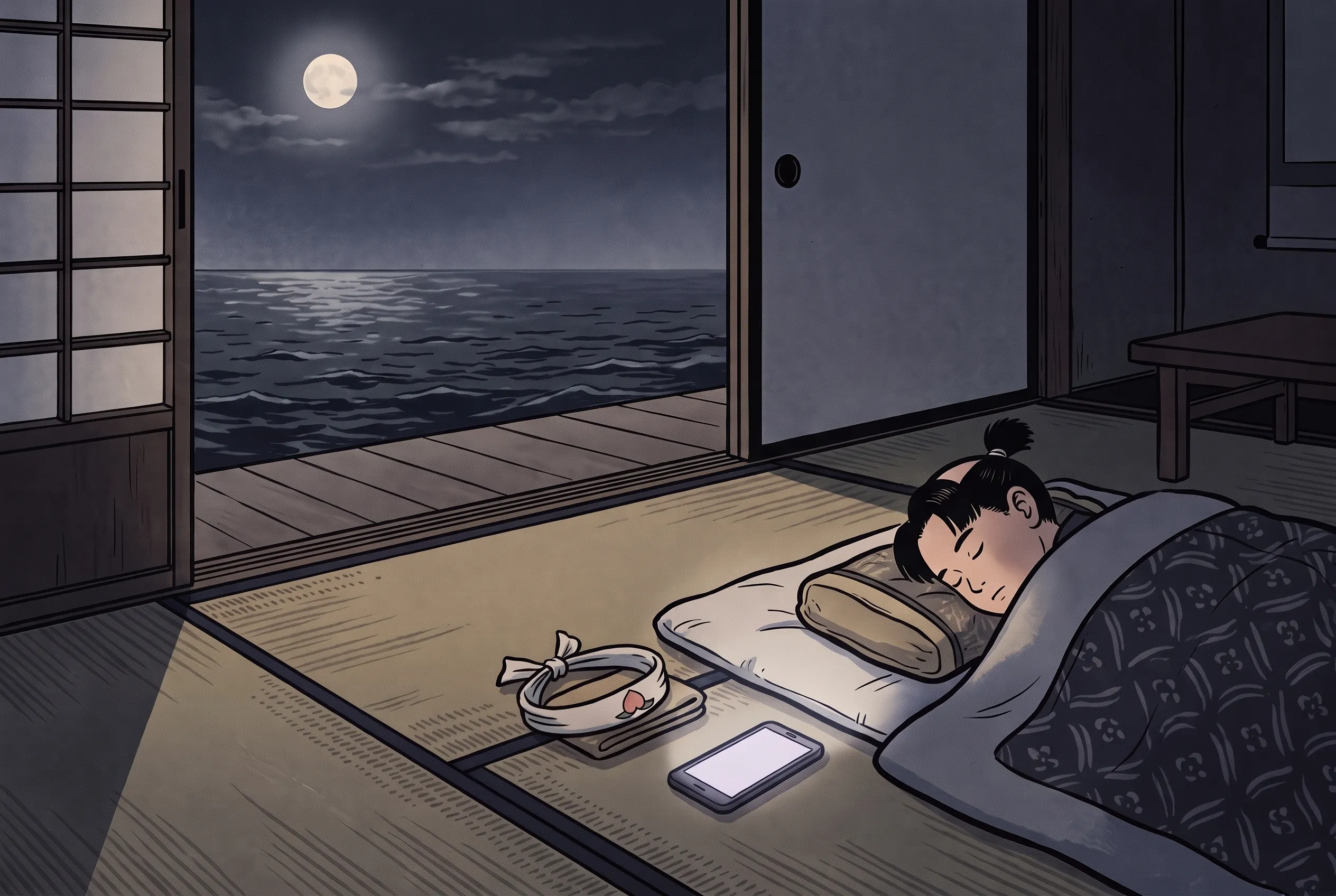 挿絵:午前三時、月夜の部屋で眠る桃太郎の枕元で、一度だけ光ったスマートフォン