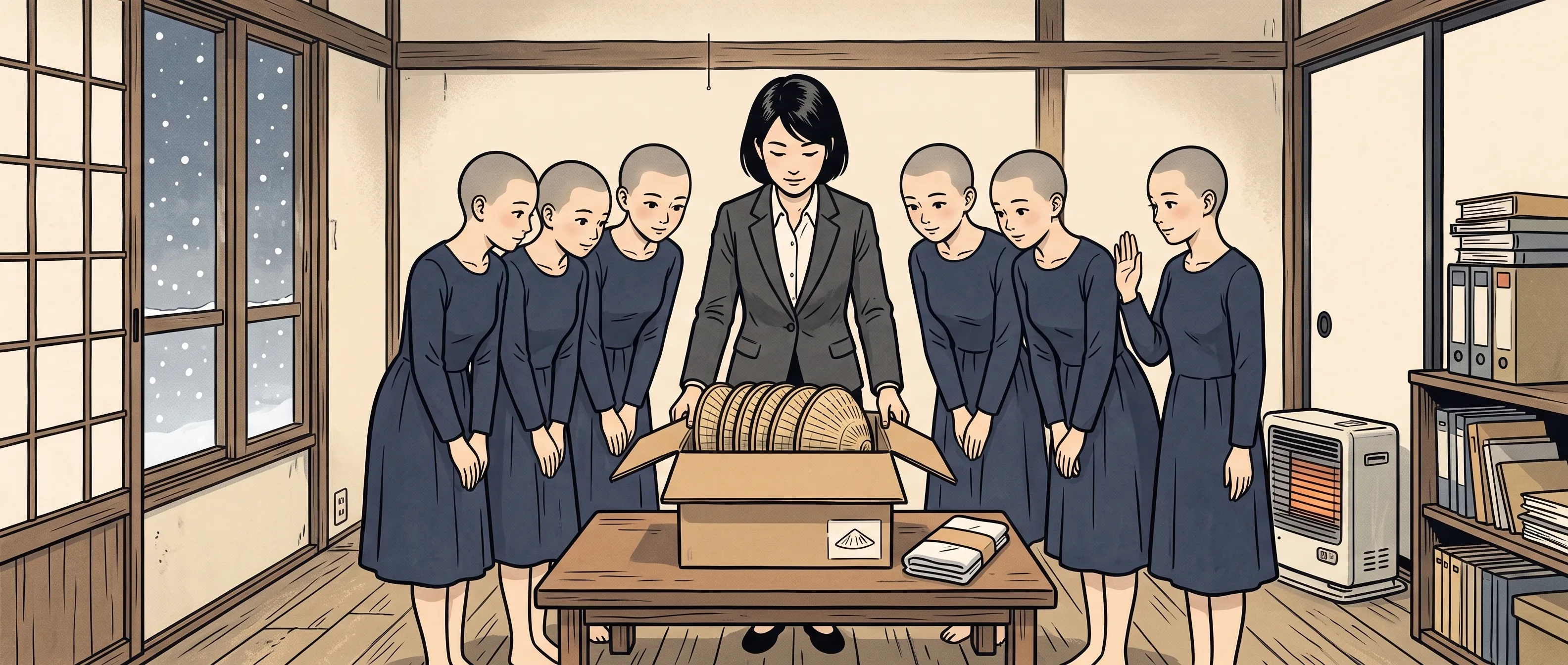 挿絵:事務所で開けた段ボール箱の五つの笠と一本の手ぬぐいを囲む六人と、手を挙げる六人目