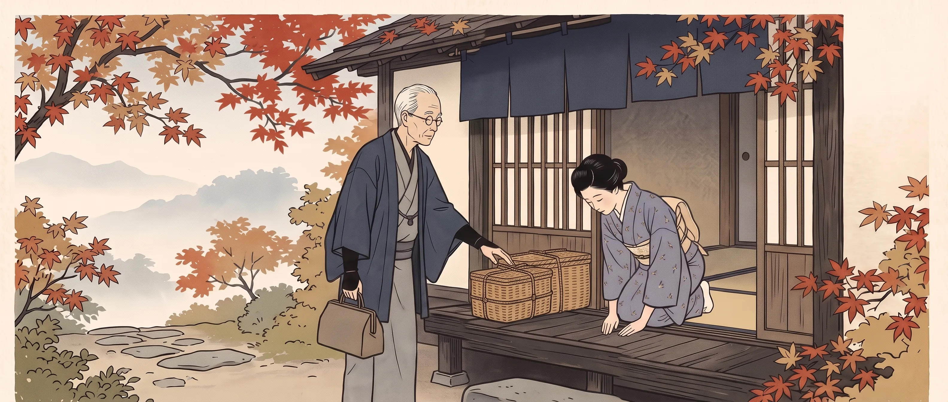 挿絵:朝の郊外の古い宿の玄関で、上がり框に並んだ大小のつづらのうち、手前の小さい方に手を置くおじいさんと、手をついてお辞儀する女将の鈴目さん