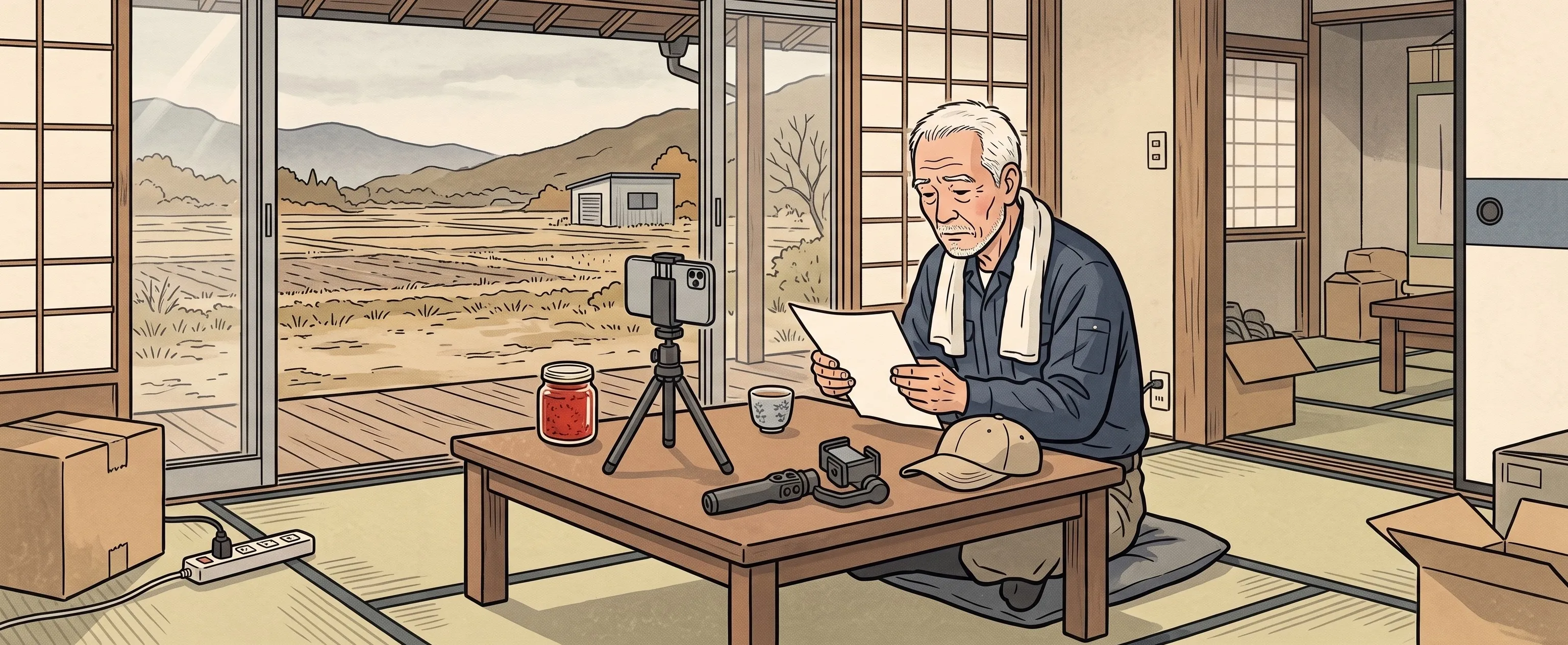 挿絵:居間の座卓で、三脚のスマートフォンに向かって初めて顔を出し、紙を両手で持ってお詫びを読む、作業着のおじいさん。いつものジンバルは、座卓の上に寝かせてある