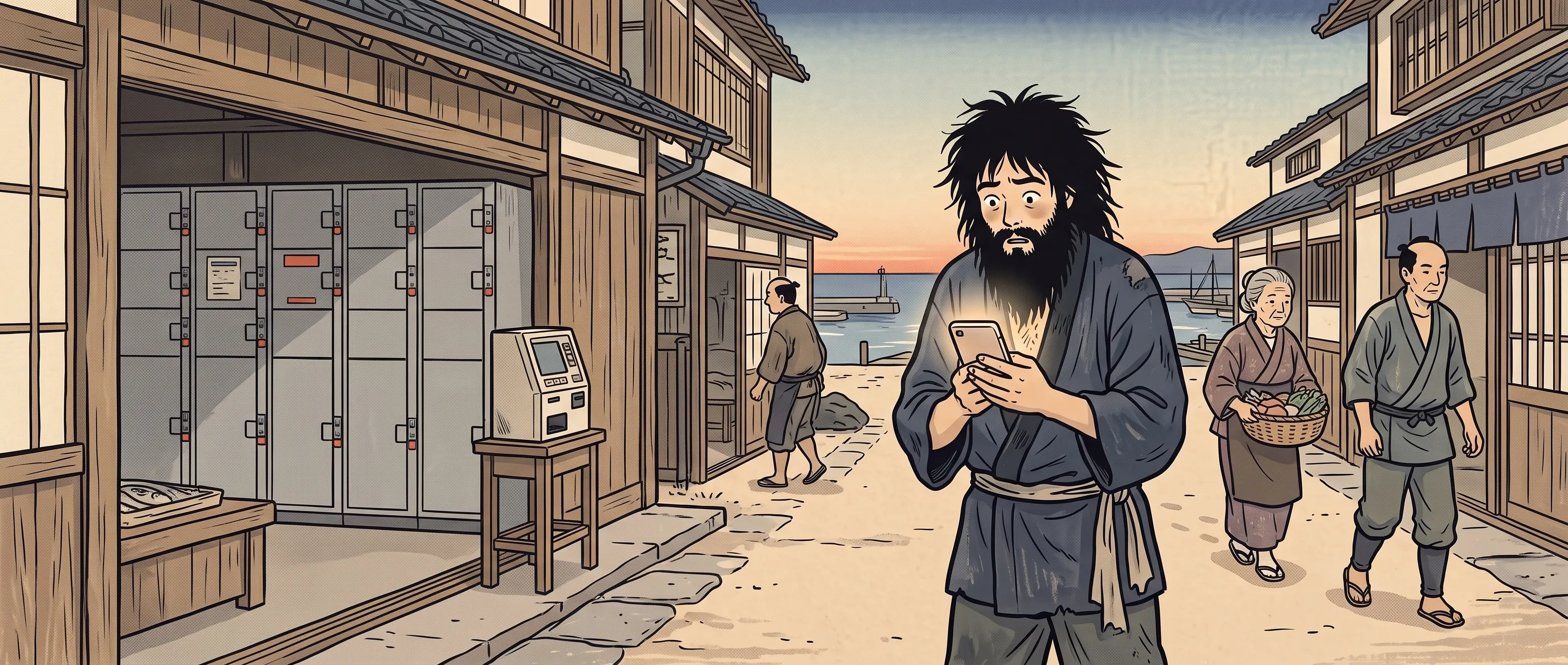 挿絵:少しだけ様変わりした海辺の村の通りで、ひげののびた浦島が、スマホの画面を見つめて立ちつくす