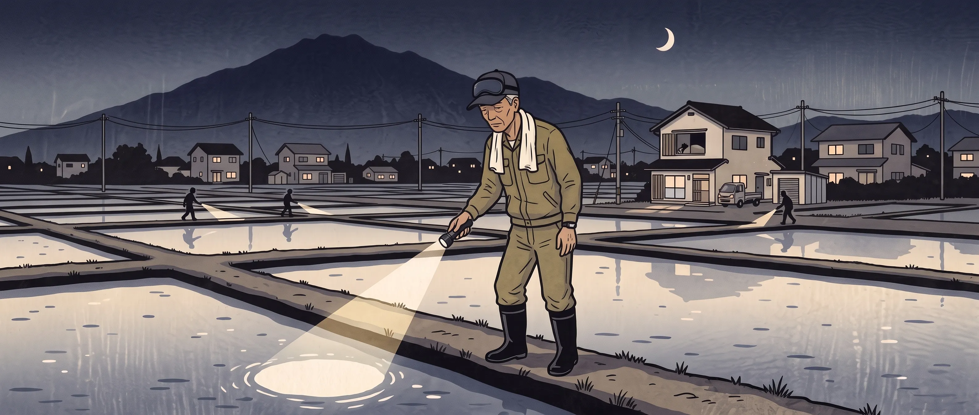 挿絵:夏の夜のあぜ道に、懐中電灯の光がいくつも行き来している。手前に、アイマスクを額に上げ、手首に睡眠トラッカーを付けた作業着の父。田んぼの向こうの家の二階の窓には、布団の山