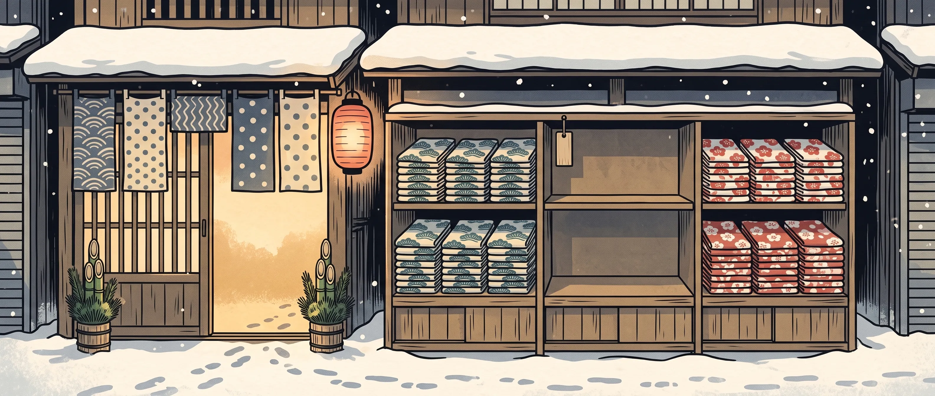 挿絵:年の瀬の手ぬぐい屋の店先で、松と梅の柄のあいだの、鶴の柄の棚だけが空いている