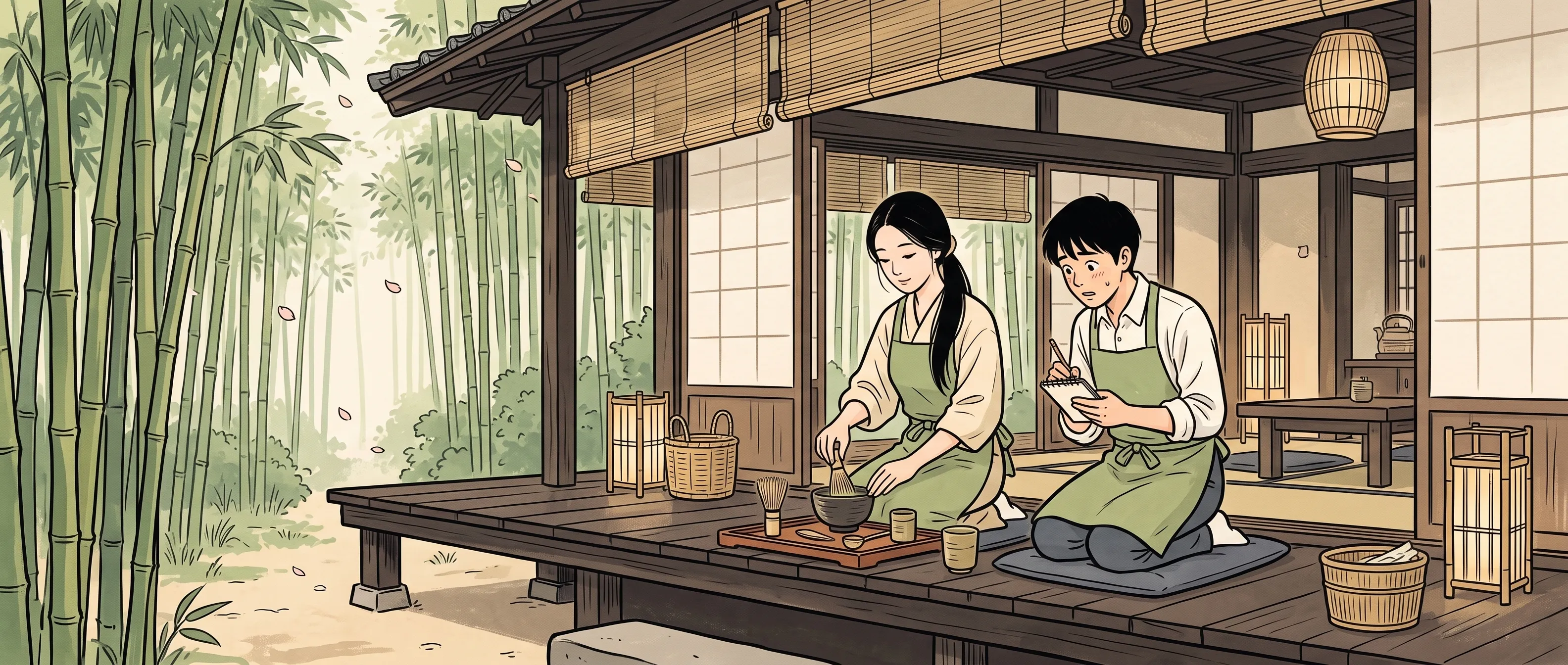 挿絵:春の竹林カフェの縁側で、新人に抹茶の点て方を教えるかぐや姫