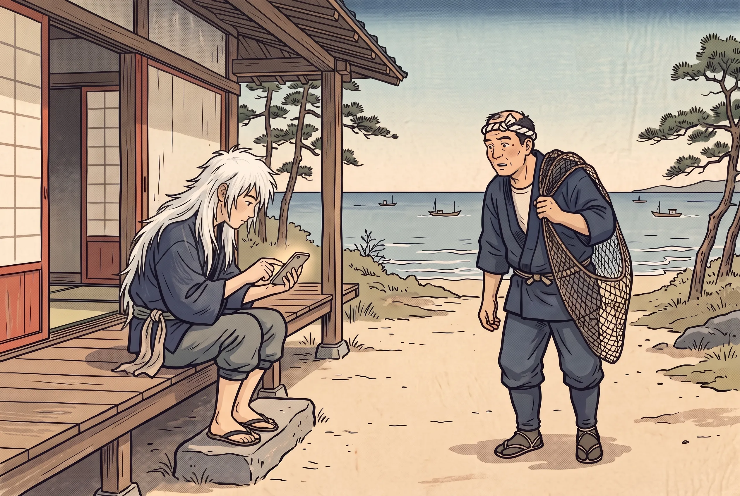 挿絵:縁側の白髪の浦島と、首をかしげる漁師