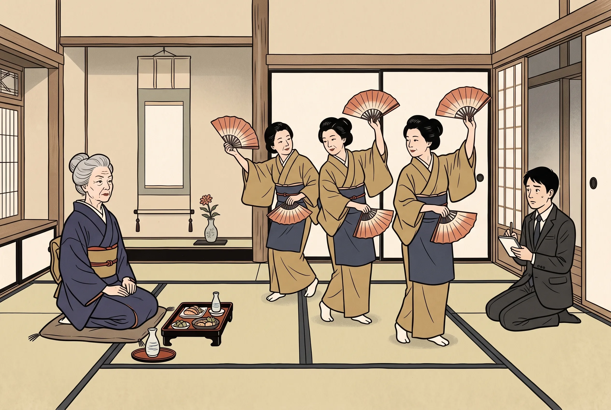 挿絵:特別室の床の間を背に座るおばあさんと、扇を手に踊る仲居さんたち、下座で手帳を手に控える秘書