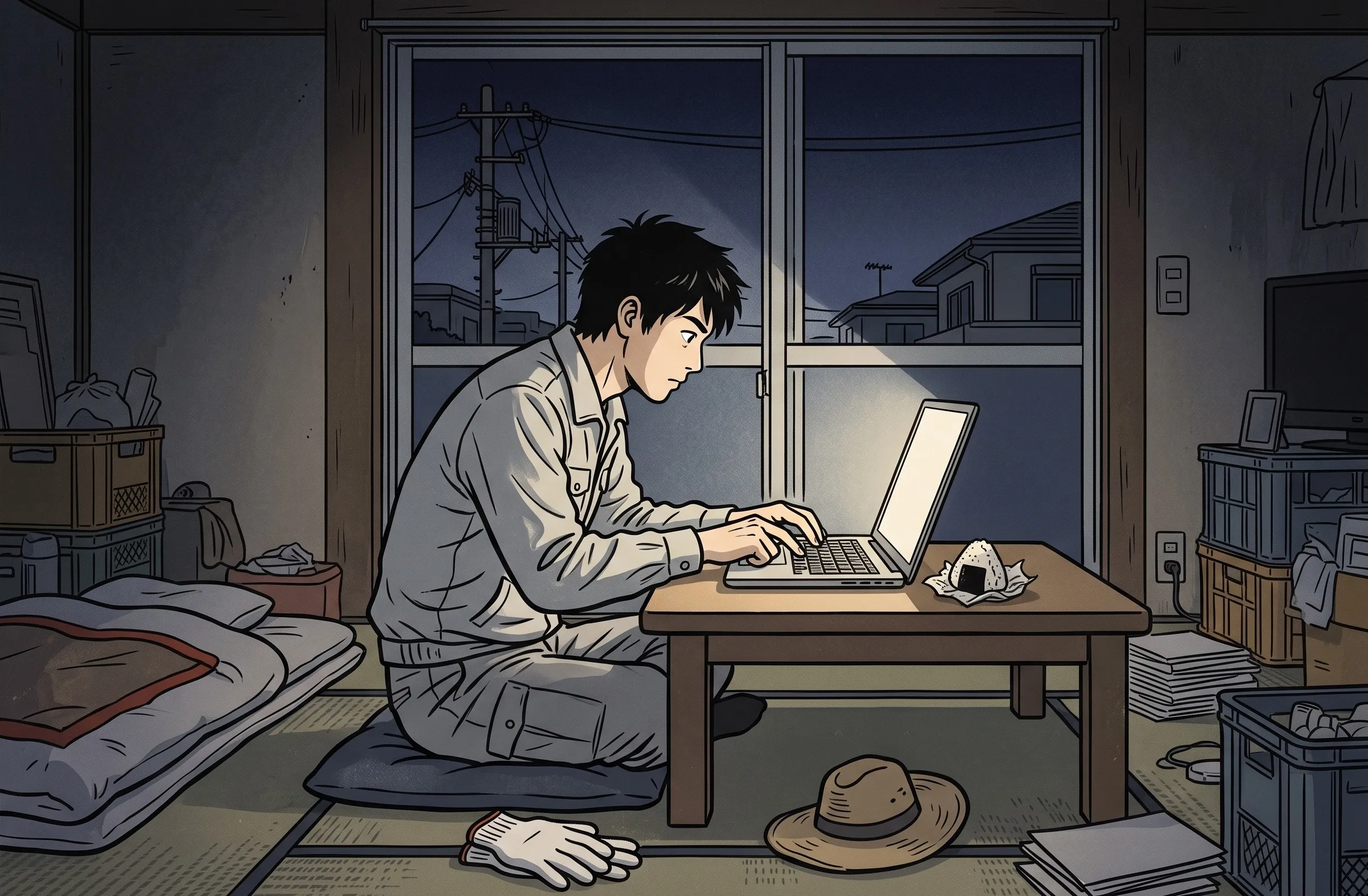 挿絵:夜中のアパートの部屋で、明かりを消したまま、ノートパソコンの画面の光だけを顔に受けて送信する猿渡さん。サッシの窓の外に電柱