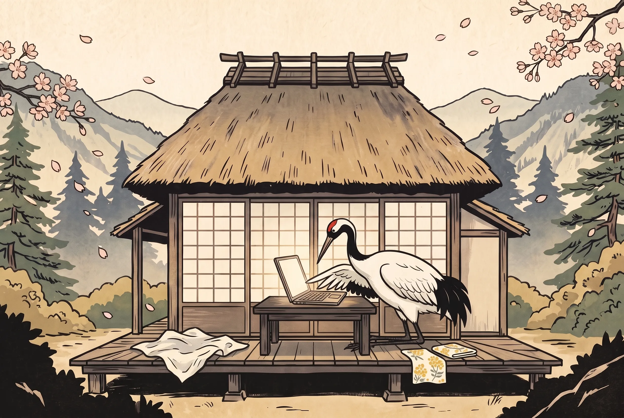 挿絵:春の午後、桜の散る縁側で仕事をする、羽根の生えそろった鶴と、空になったおにぎりの包み