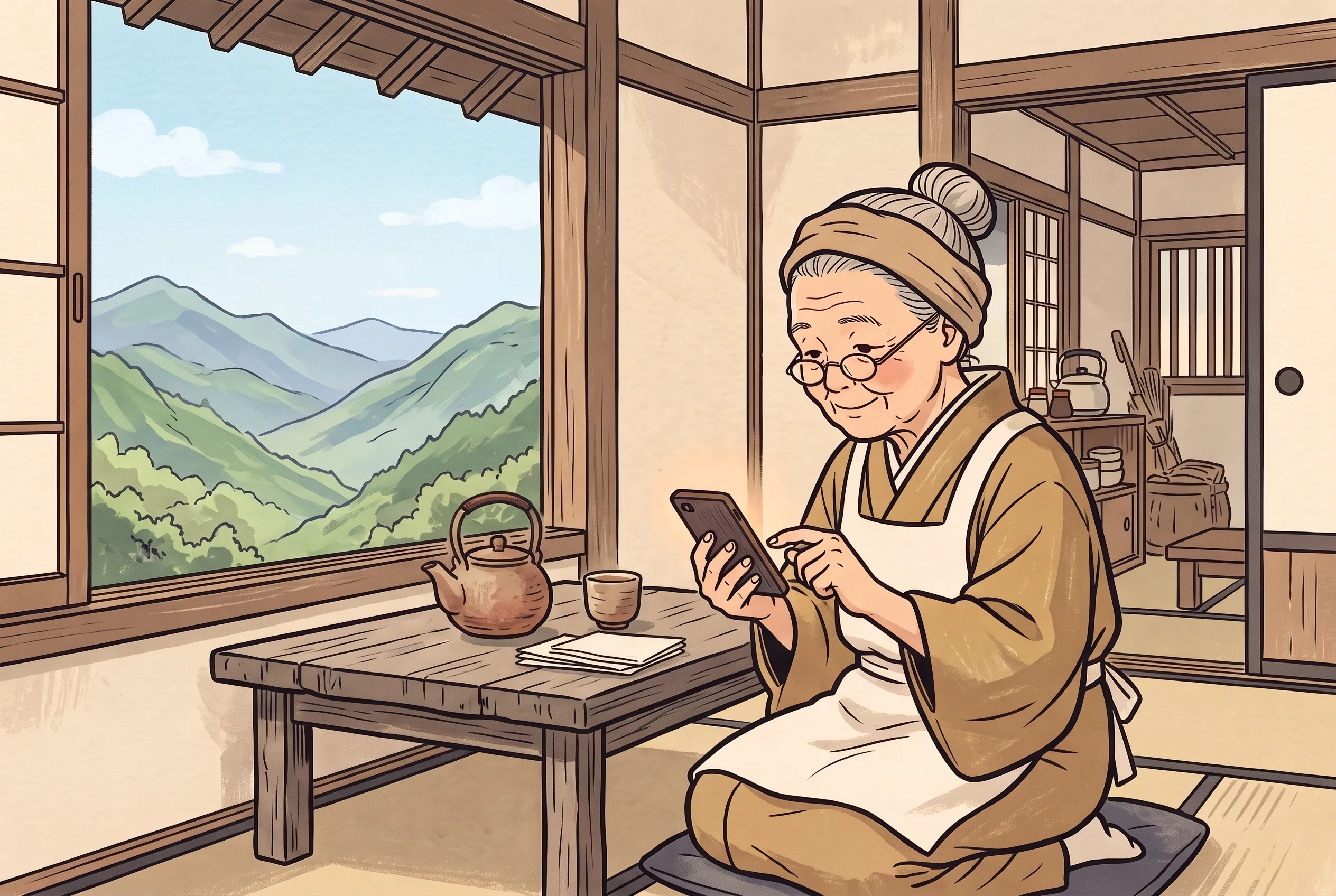 挿絵:峠の向こうの家で、老眼鏡をかけてスマホに返事を打つ母