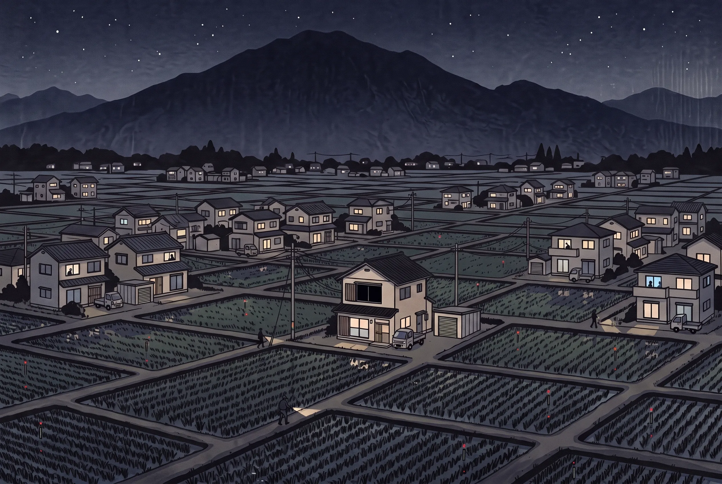 挿絵:夜の田んぼの地区の遠景。家々の窓に明かりがつき、あぜ道には懐中電灯を持った人たち。育った稲のあいだに、赤い灯りの水位センサーが並ぶ。一軒だけ、二階の窓が暗い