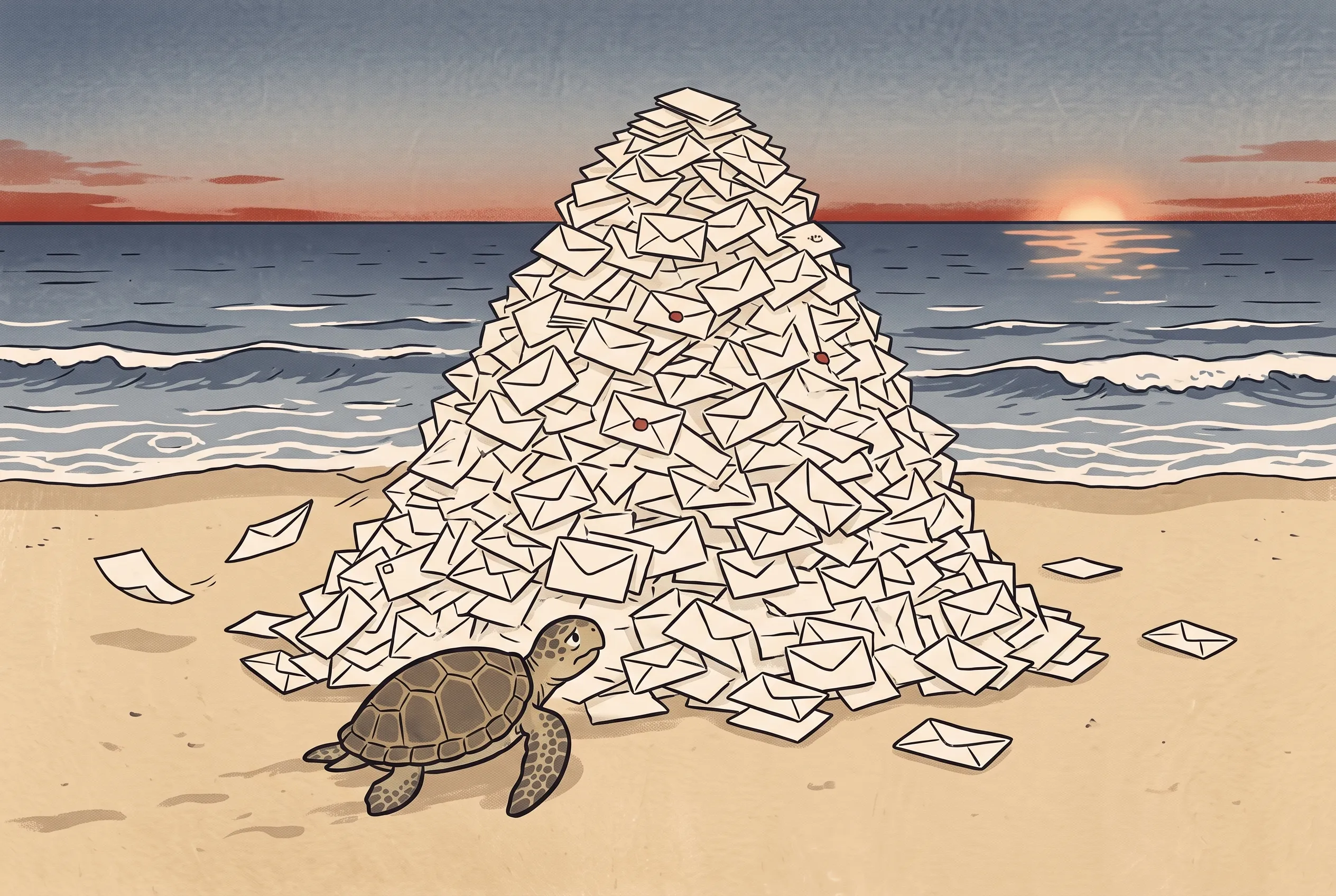 挿絵:夕暮れの浜辺に積まれた未開封の手紙の山と、それを見上げる亀