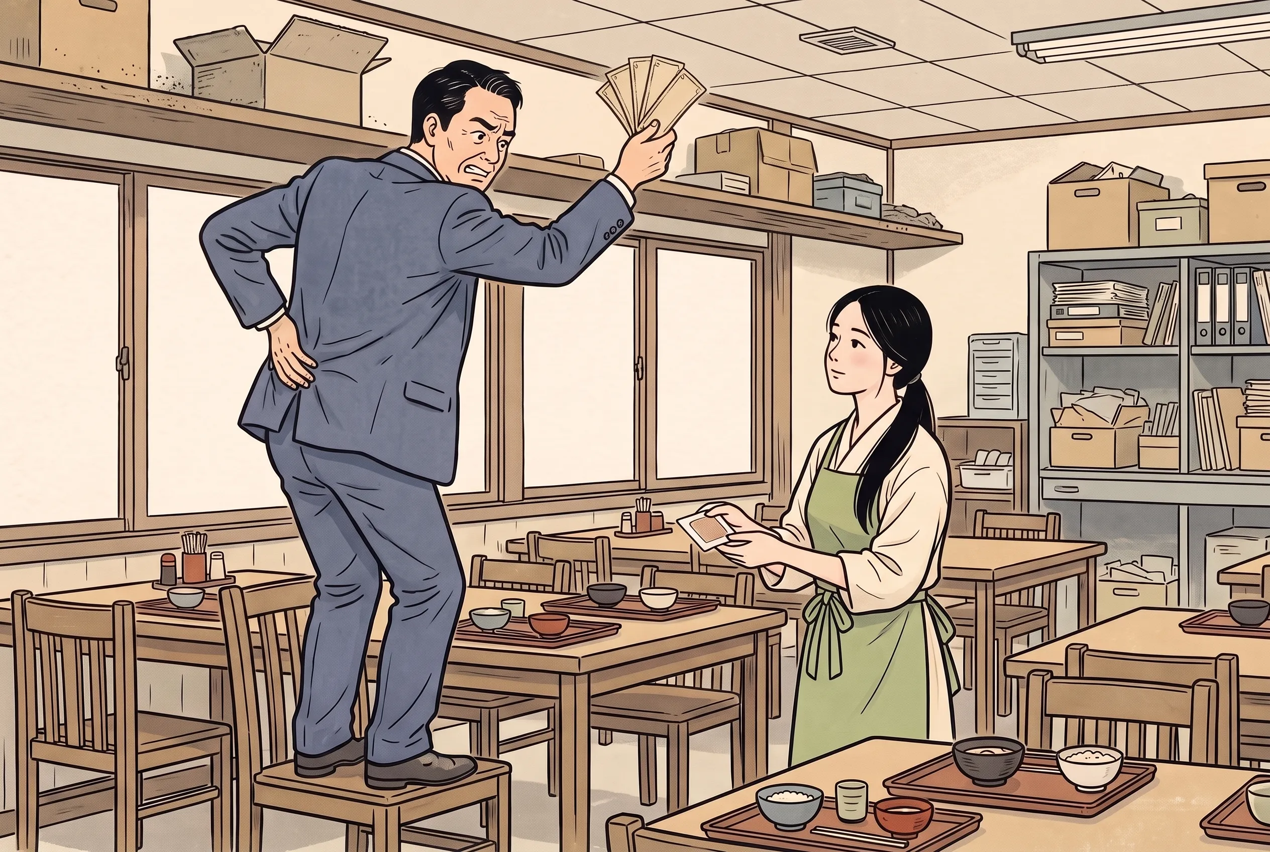 挿絵:社員食堂で、椅子に乗って腰を押さえながら割引券の束を掲げる社長と、湿布を差し出すかぐや姫