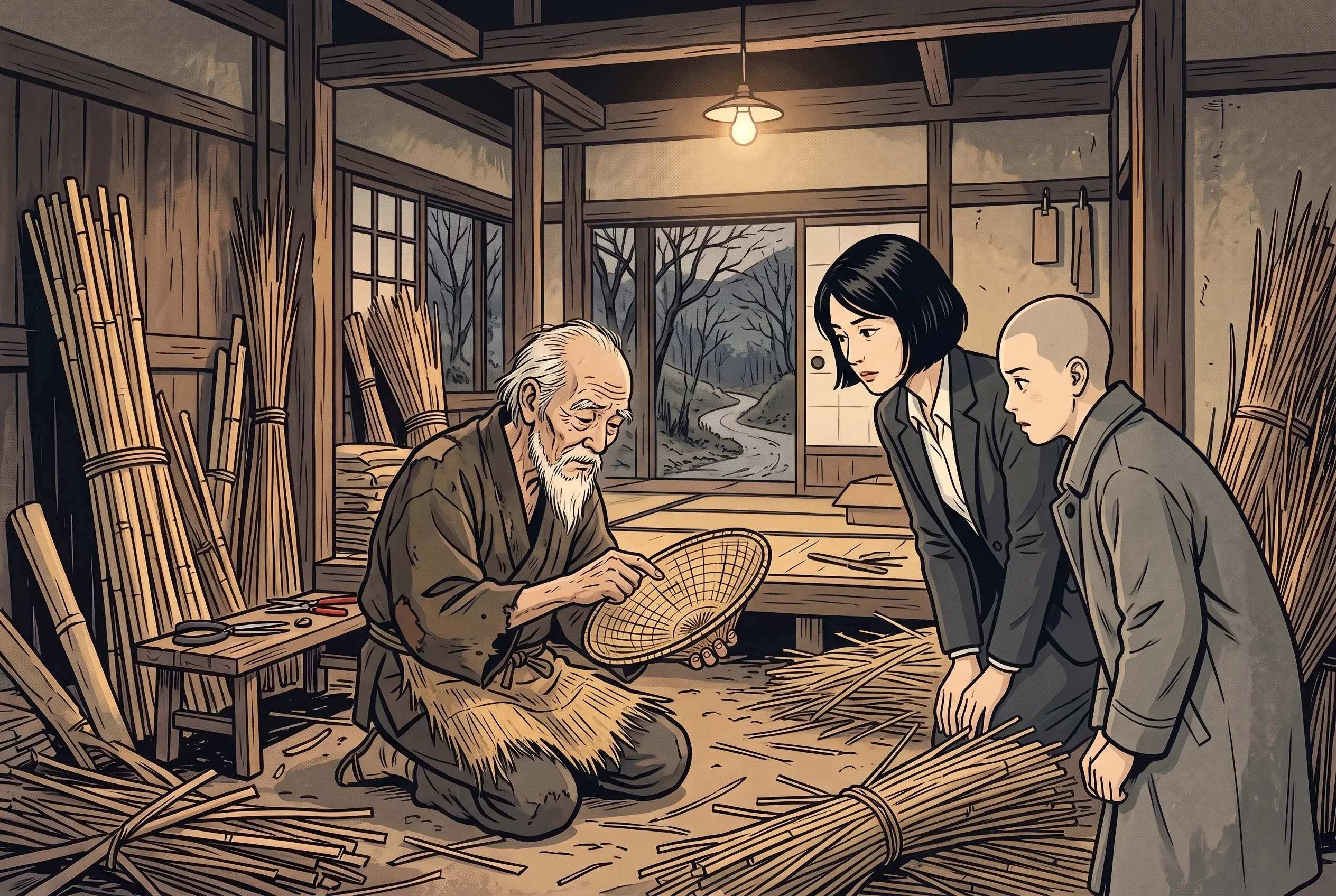 挿絵:峠の古い工房で、笠を裏返して編み目をなぞる年寄りの職人と、見守るプロデューサーと六人目