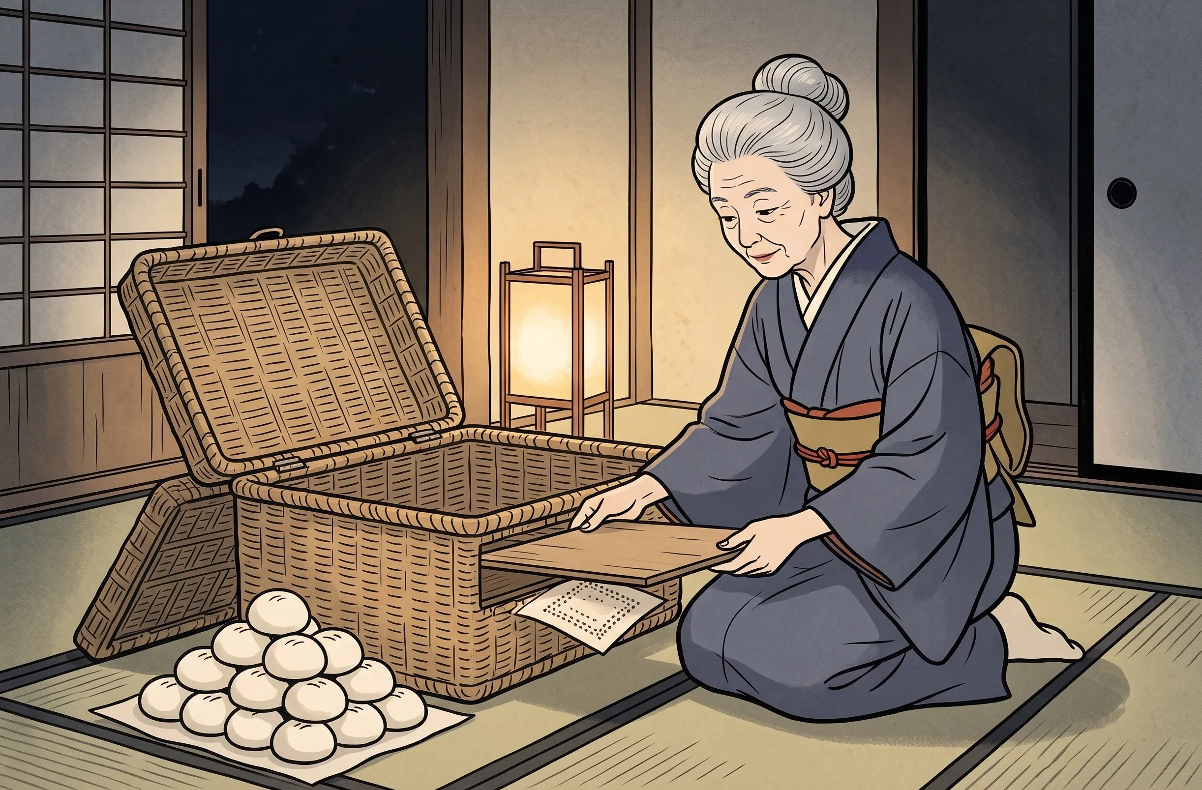 挿絵:家の座敷で、まんじゅうを脇に積み、大きいつづらの底板を持ち上げるおばあさん。底には模様を刷った紙が一枚